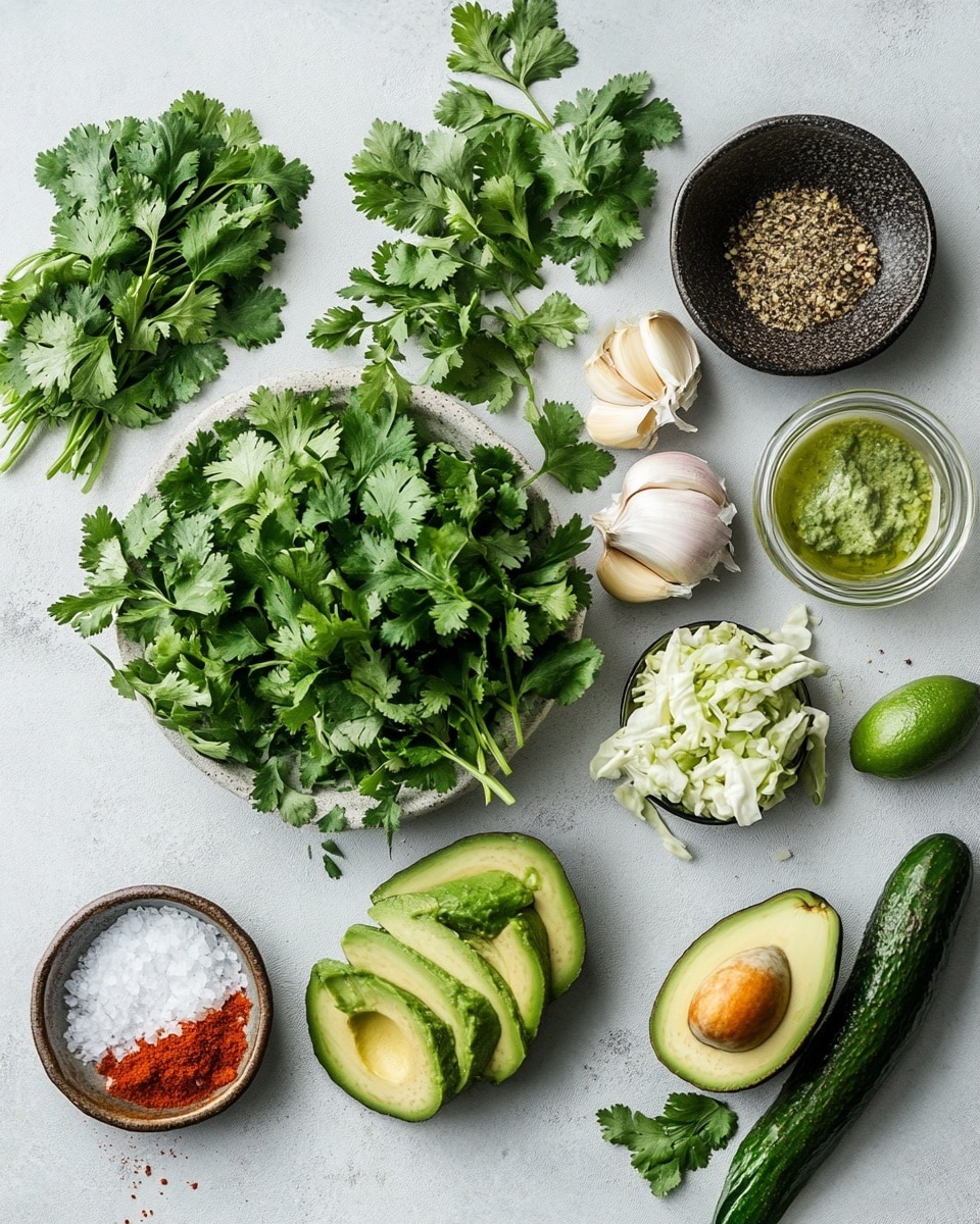 The image shows three shrimp tacos placed in a round white plate on a white marbled surface. Each taco has a soft white tortilla base, layered first with a green spread, then topped with cooked brown shrimp, red diced bell peppers, thin slices of purple onion, green cilantro leaves, and a drizzle of dark green sauce. Crumbled white cheese is sprinkled on top. The plate also contains four lime wedges on one side. Around the plate are small bowls of cooked shrimp, white crumbly cheese, and shredded green cabbage salad. A wooden cutting board with chopped purple onions, red bell peppers, lime wedges, and a half red bell pepper is at the lower right corner. A striped white cloth is underneath the plate. Photo taken with an iphone --ar 4:5 --v 7