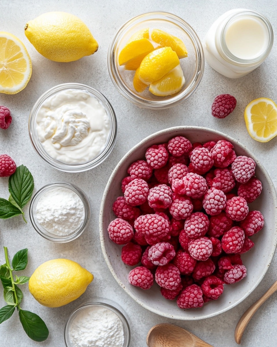 The image shows a white rectangular baking dish with a layered dessert inside. The top layer is a shiny bright red raspberry sauce with visible seeds, spread evenly across the surface. Below the sauce, there are two visible layers of light beige cake separated by a thin layer of the red raspberry sauce and a creamy white filling. The creamy filling also forms the bottom layer under the cake. On the side of the dish, some cream and sauce are smeared. The dish is placed on a white marbled surface with a few raspberries seen in the background. Photo taken with an iphone --ar 4:5 --v 7