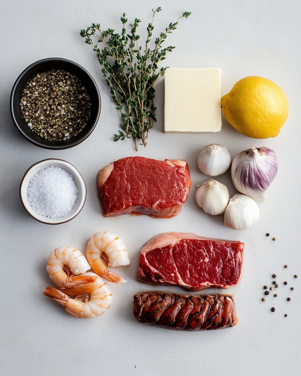 A small dark brown grilled steak is placed in the center of a white plate, covered by a light creamy sauce that spreads around the steak on the plate. On top of the steak, there is a creamy mix with small pieces of seafood in light orange and white colors, sprinkled with small green parsley leaves. Two large orange shrimp with a slightly charred texture stand on top, garnished with the same green parsley. The background is a white marbled texture. Photo taken with an iphone --ar 4:5 --v 7