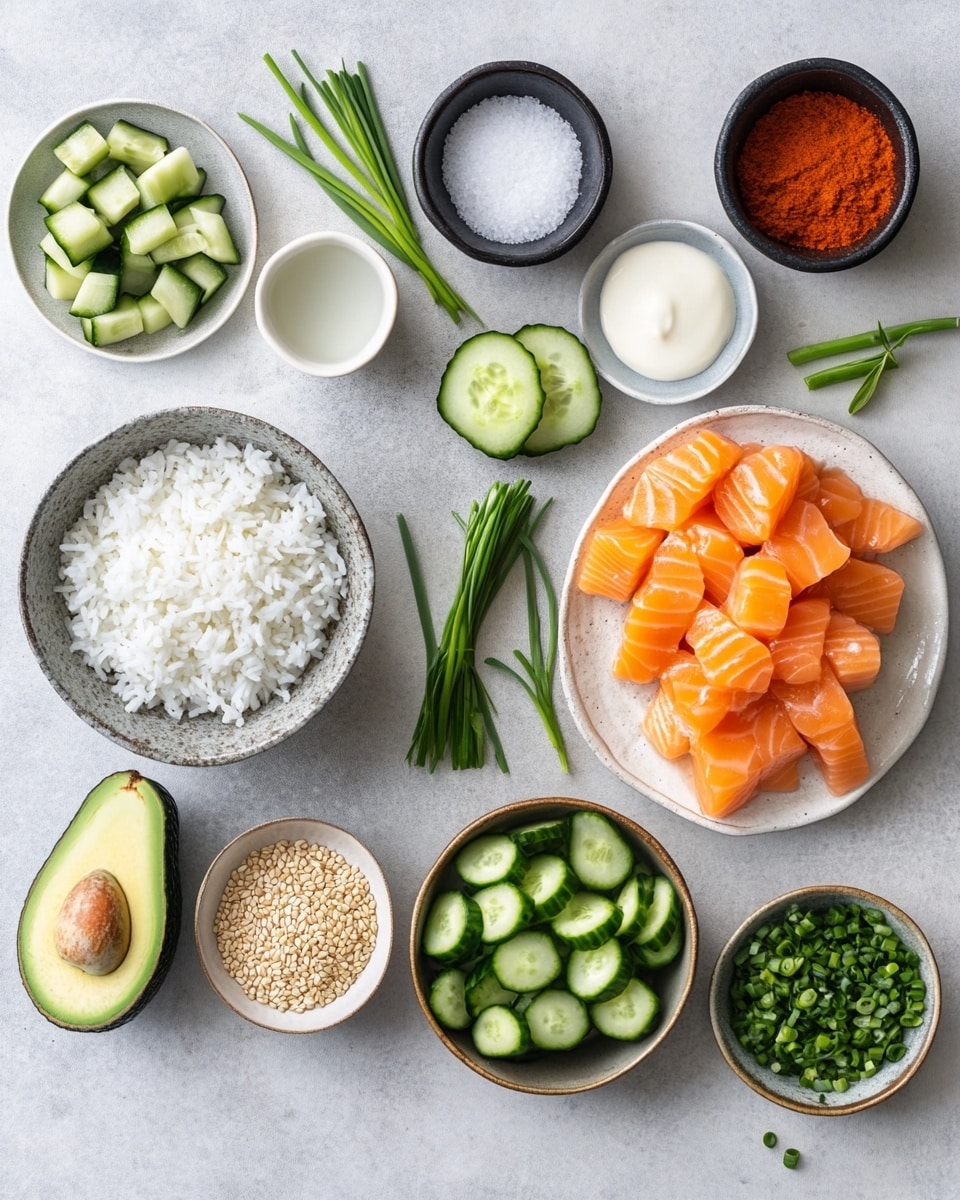 The dish is served in a round white bowl with a thin dark rim, sitting on a white marbled texture. The bowl contains three main layers: on the left is a base of white rice sprinkled lightly with chopped green herbs, above it are several thin round slices of green cucumber arranged in a small pile, and on the right side are slices of bright green avocado fanned out neatly. Next to the avocado is a portion of grilled, orange-brown chicken pieces drizzled with a light orange sauce, all topped with sesame seeds and finely chopped green onions. A pair of light brown wooden chopsticks rests on the rice edge inside the bowl. photo taken with an iphone --ar 4:5 --v 7