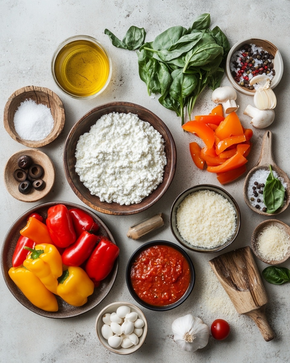 A white round bowl filled with a bubbling layer of melted white cheese that covers the bottom entirely, topped with six bright red pepperoni slices placed evenly around with one in the center, and a small fresh green basil leaf in the middle; the cheese has a slightly browned crust around the edges, and the bowl is on a white marbled surface next to a striped cloth and a small clear jar of white sauce; a few green basil leaves are to the side. Photo taken with an iphone --ar 4:5 --v 7