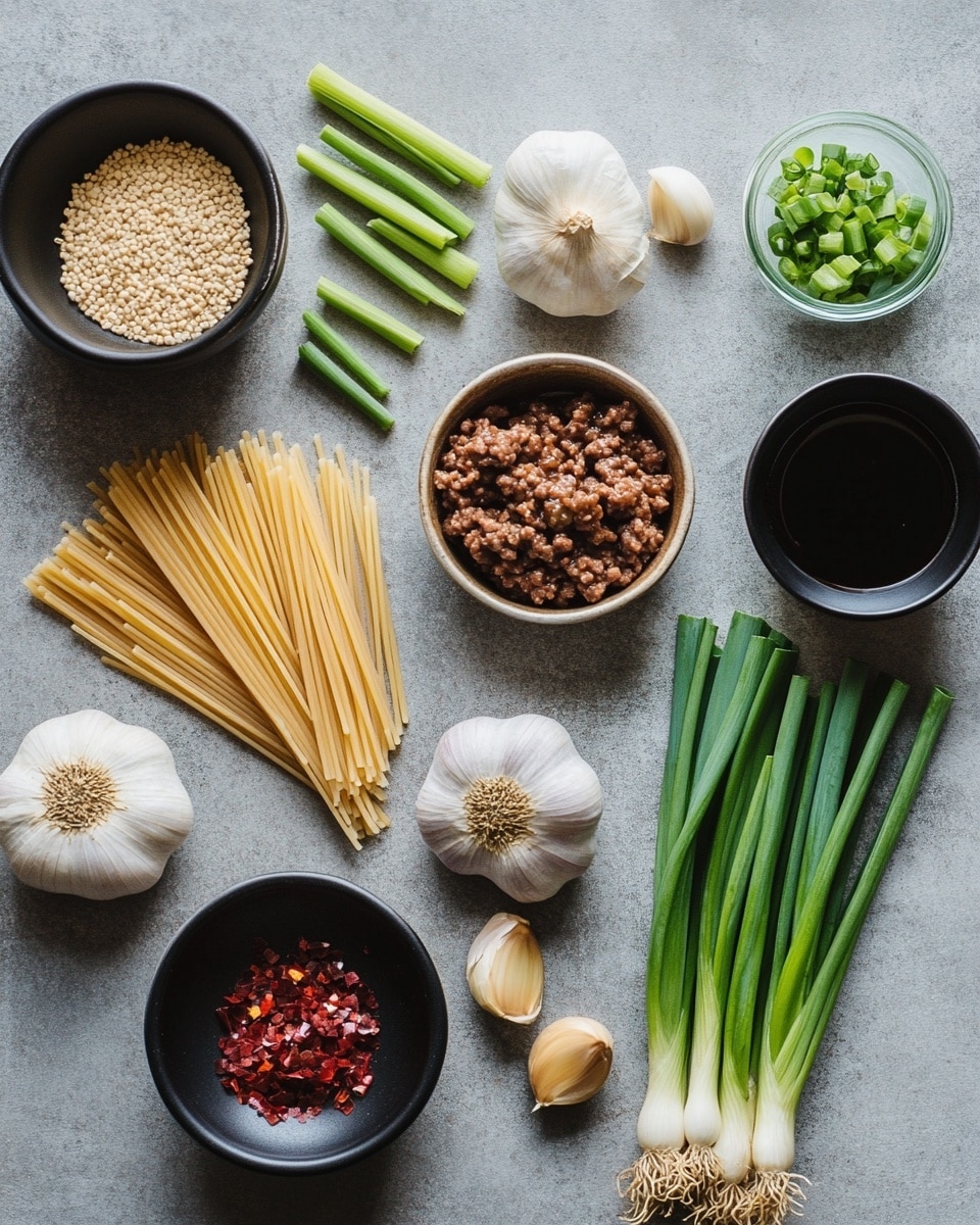 A bowl of noodles is shown with three main layers: at the bottom, tangled light brown noodles fill the bowl; on top of them, dark brown cooked minced meat is spread throughout; sprinkled all over are sliced light green spring onions and small white sesame seeds. The noodles and meat look glossy with sauce. The bowl is a textured green color, and two brown wooden chopsticks rest on the bowl’s side. The bowl sits on a white marbled surface with a white cloth that has thin black stripes beneath it. There is a small white bowl of chopped green onions in the background and a small brown bowl with sesame seeds near the bottom left corner. photo taken with an iphone --ar 4:5 --v 7