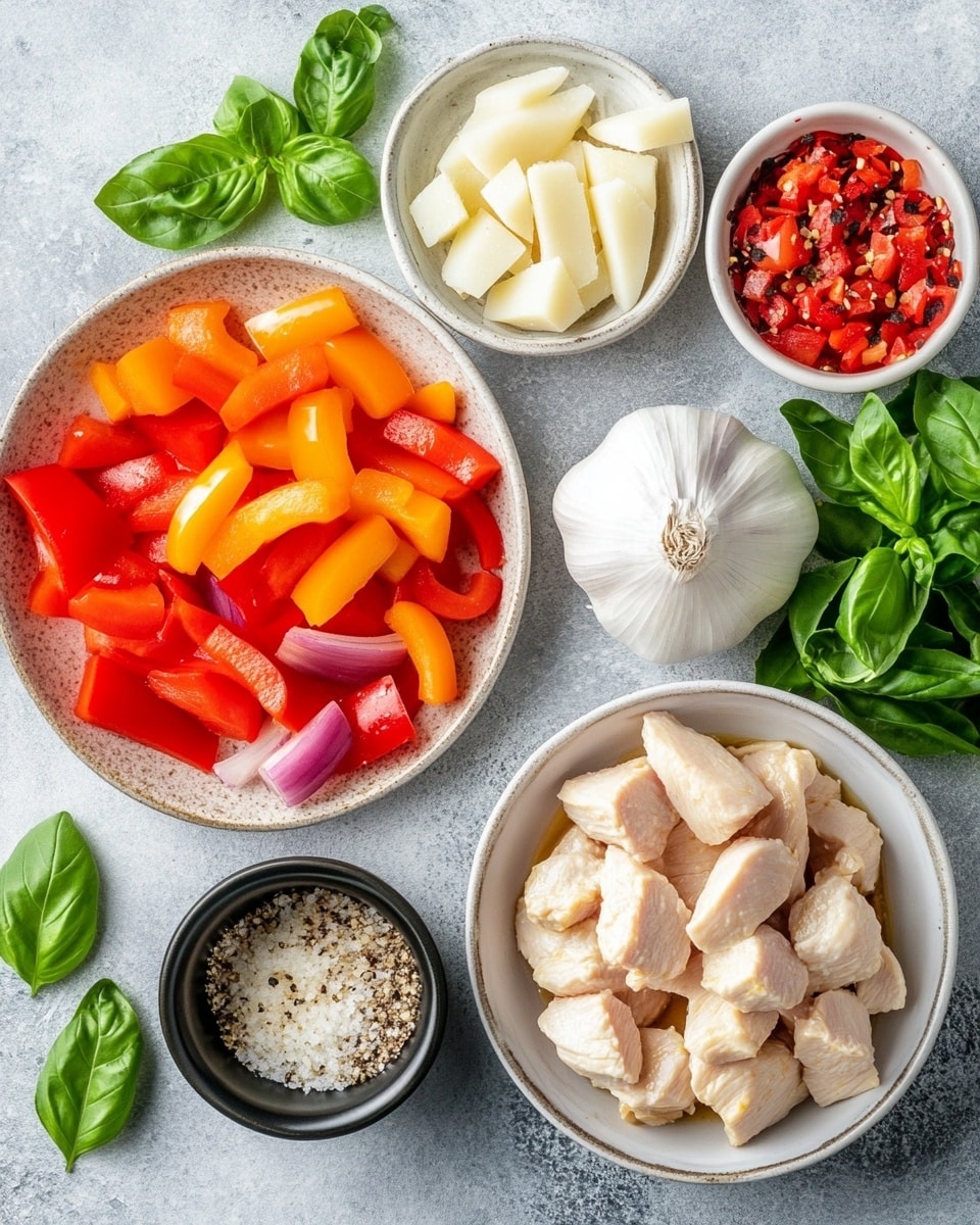 A shiny metal pan filled with four light brown cooked chicken pieces covered in a thick creamy white sauce. The sauce is speckled with black pepper and mixed with thin strips of red and yellow peppers, scattered evenly around the chicken. The pan is placed on a white marbled surface with a white cloth nearby. In the top right corner, there is a small white bowl filled with sliced yellow peppers, and a red pepper half lies next to it. Photo taken with an iphone --ar 4:5 --v 7