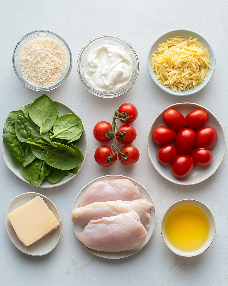 A white rectangular dish filled with a colorful mix of ingredients is shown. The bottom layer contains a mix of cooked small rice-like pasta, pieces of light brown cooked chicken, bright red and yellow cherry tomatoes, chopped leafy green basil, and small bits of purple onion. On top of this mixture sits a large block of creamy white cheese in the center. Two golden forks, each held by a woman's hand, are pressing into the cheese, with one fork slightly sinking into it. Around the dish, there are small bowls with chopped green herbs and shredded pale yellow cheese on a white marbled surface, along with a beige and white striped cloth. The scene is bright and fresh, highlighting the colors and textures of the food, photo taken with an iphone --ar 4:5 --v 7
