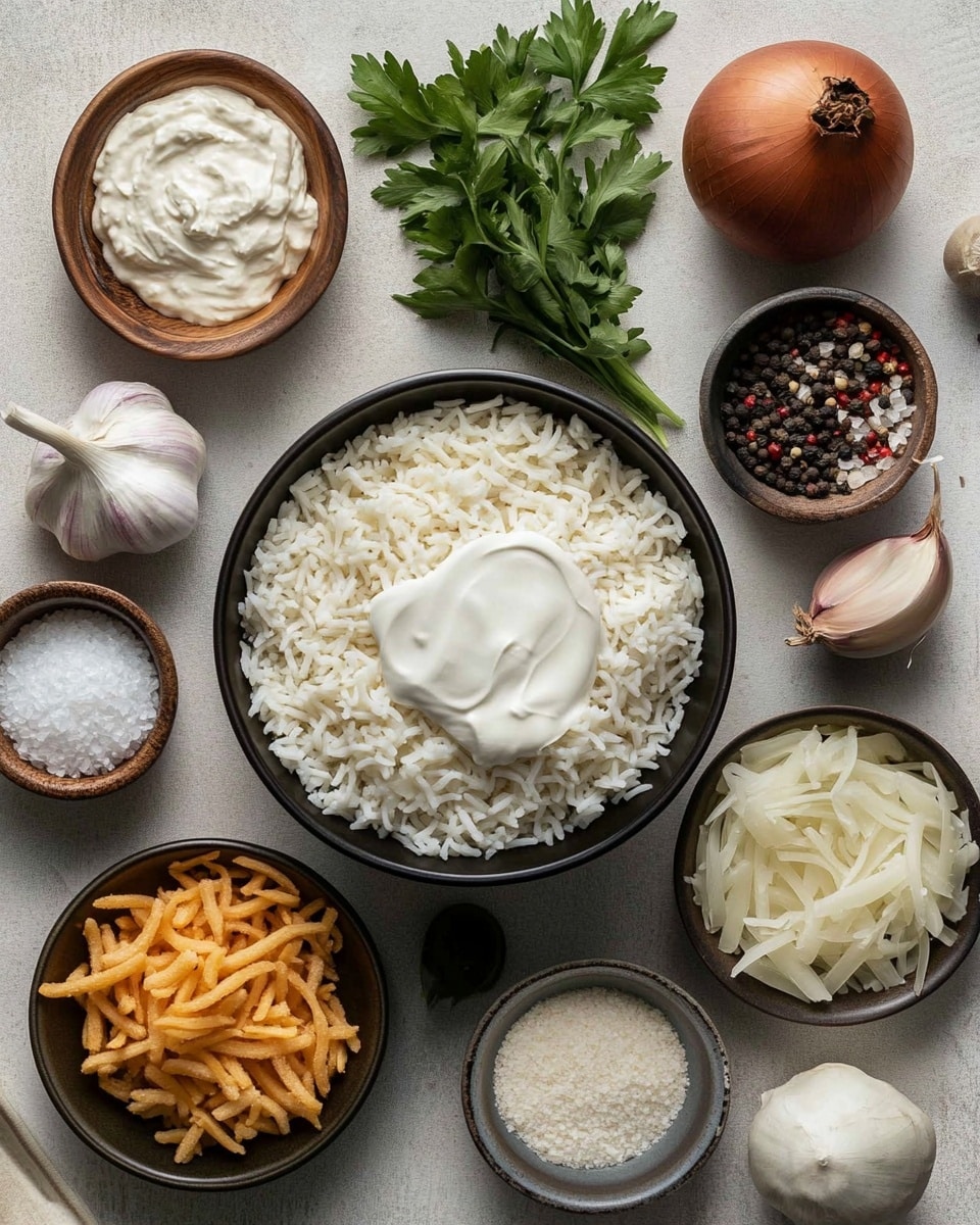The image shows a white bowl filled with a creamy rice dish topped with a golden-brown crispy layer. The top layer is crunchy and textured with thin, fried strands, while below it is a thick, cheesy, and creamy rice mixture with melted cheese stretching as a golden spoon lifts a portion. There are small green herb pieces scattered on the creamy rice, adding color contrast. The bowl is placed on a white marbled surface, and the background is dark, focusing attention on the food. photo taken with an iphone --ar 4:5 --v 7