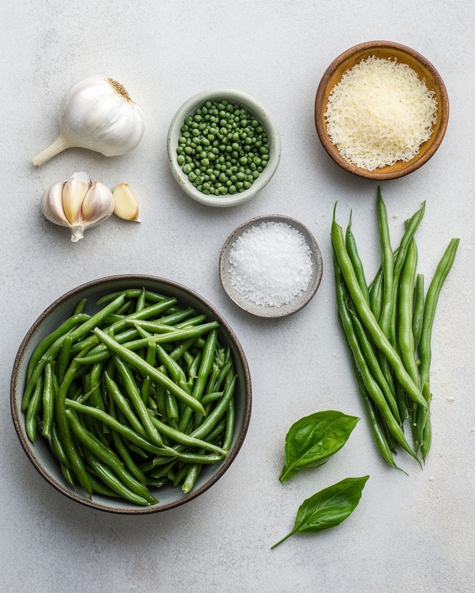A close-up view of bright green green beans piled together, with a light layer of grated white cheese sprinkled unevenly on top, some pieces scattered between the beans. The beans look fresh and have a slightly shiny texture showing they are cooked but still crisp. They rest in a dark skillet with visible edges framing the beans, and the background is a white marbled texture. The photo taken with an iphone --ar 4:5 --v 7
