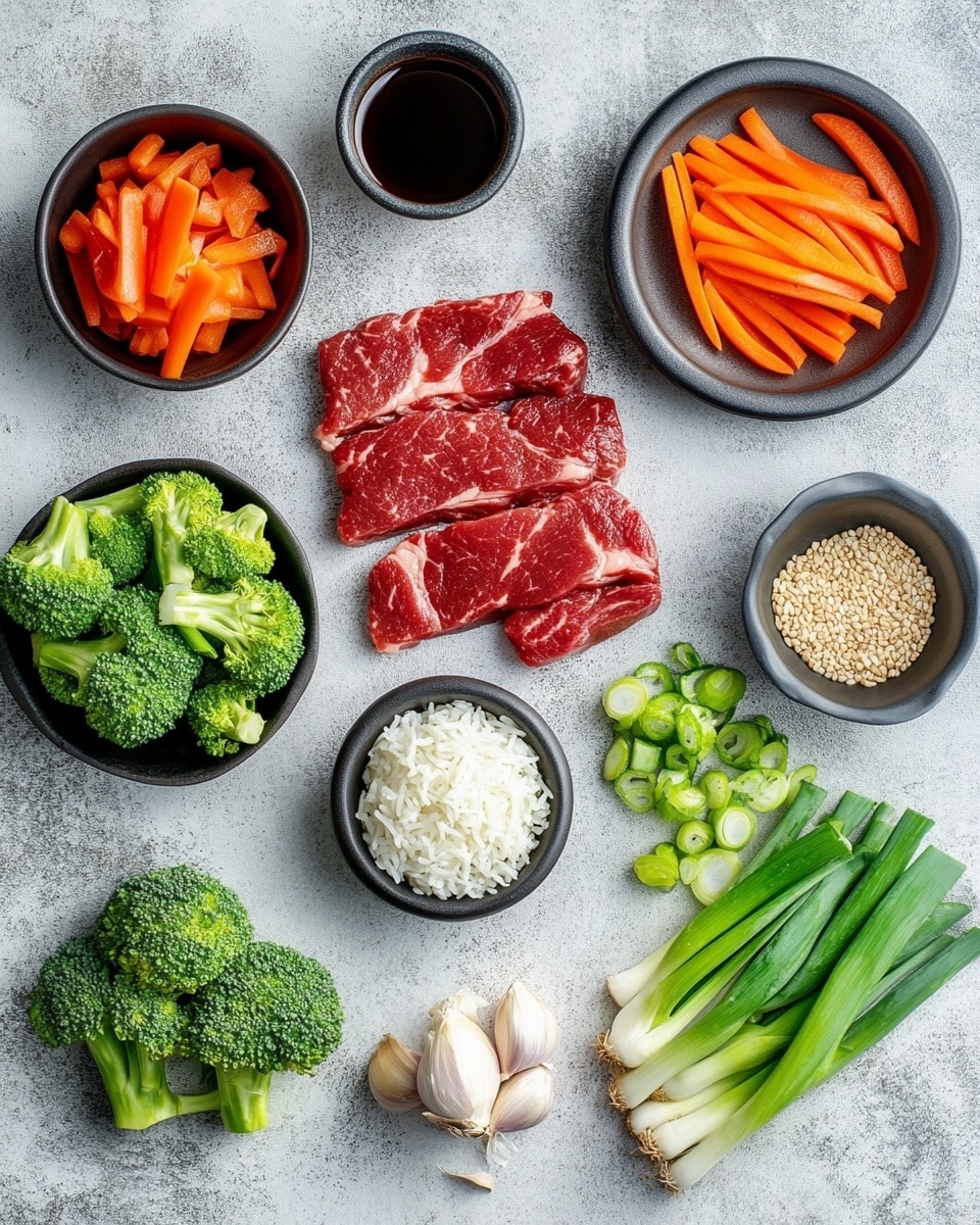 The dish shows several thick, brown cooked beef pieces with a shiny glaze, mixed closely with bright vegetable pieces. The vegetables include green broccoli florets with a bumpy texture, smooth green snap peas, and thin strips of red and yellow bell peppers with a slightly shiny surface. Small bits of chopped green onions are sprinkled on top, adding a fresh touch. The food looks moist and well cooked, all piled tightly together. The background is a white marbled texture. Photo taken with an iphone --ar 4:5 --v 7