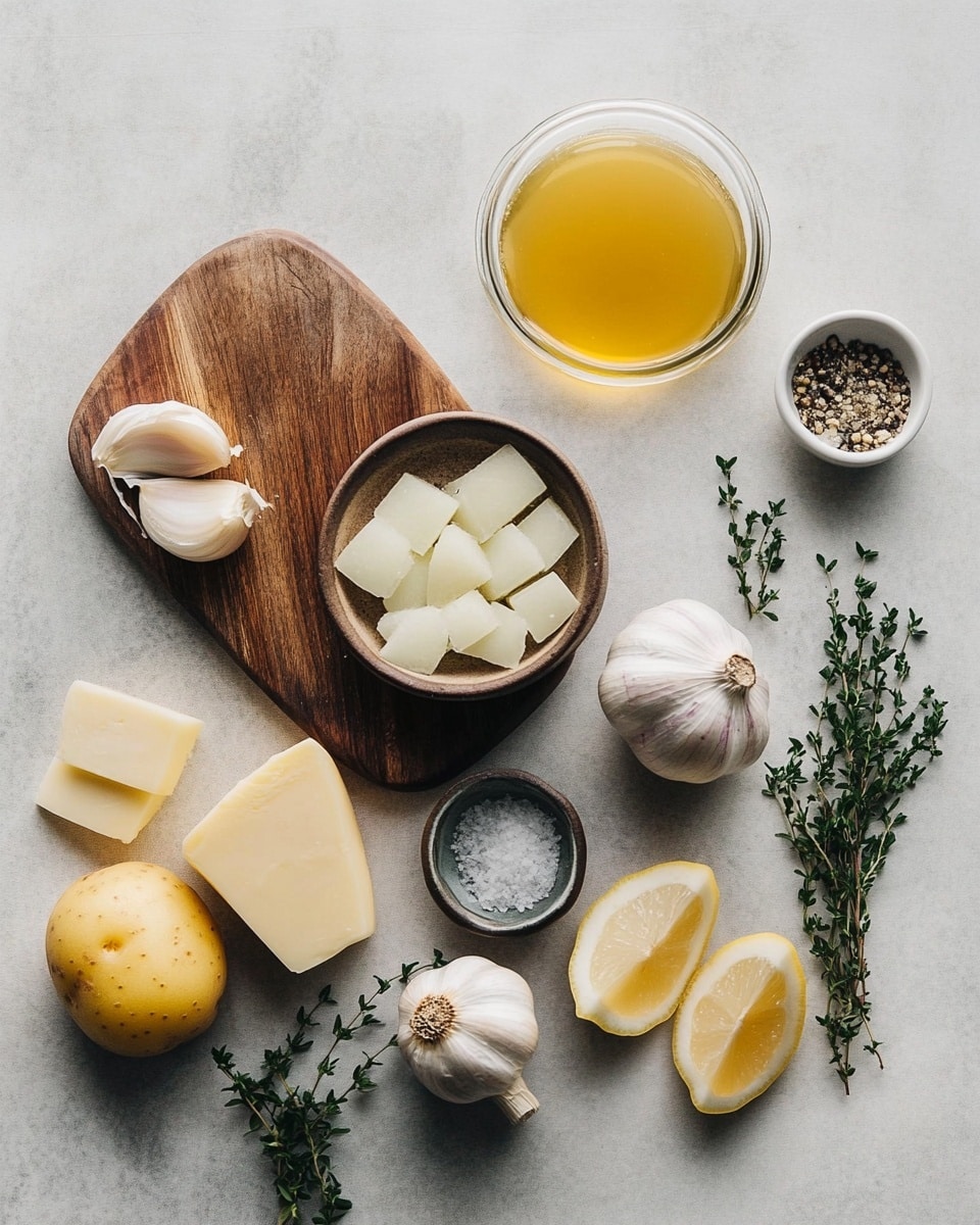 The image shows a brown ceramic bowl filled with creamy white soup. Inside the soup, there are visible pieces of light-colored potatoes and darker chunks of mushrooms. On top, there are golden brown croutons and a small green herb garnish. A silver spoon rests inside the bowl. The bowl sits on a white marbled surface with a woven placemat underneath. The brown bowl lid is visible in the background. photo taken with an iphone --ar 4:5 --v 7