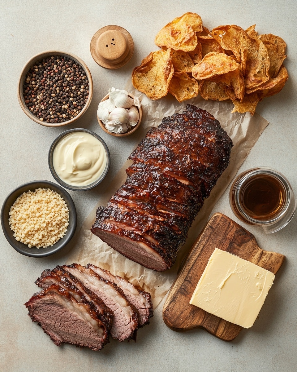 A tall sandwich with three layers of thick toasted white bread, each slice golden-brown with a crispy, slightly charred surface. Between each bread layer, there are thick slices of dark brown smoked beef that show a tender pink center, topped with melted white and yellow cheese that drips over the edges. Caramelized onions, golden and glossy, lie above and below the cheese layers, adding texture and shine. The sandwich sits on a wooden board, with rich meat juices pooling around the base, and the background is a white marbled texture. photo taken with an iphone --ar 4:5 --v 7