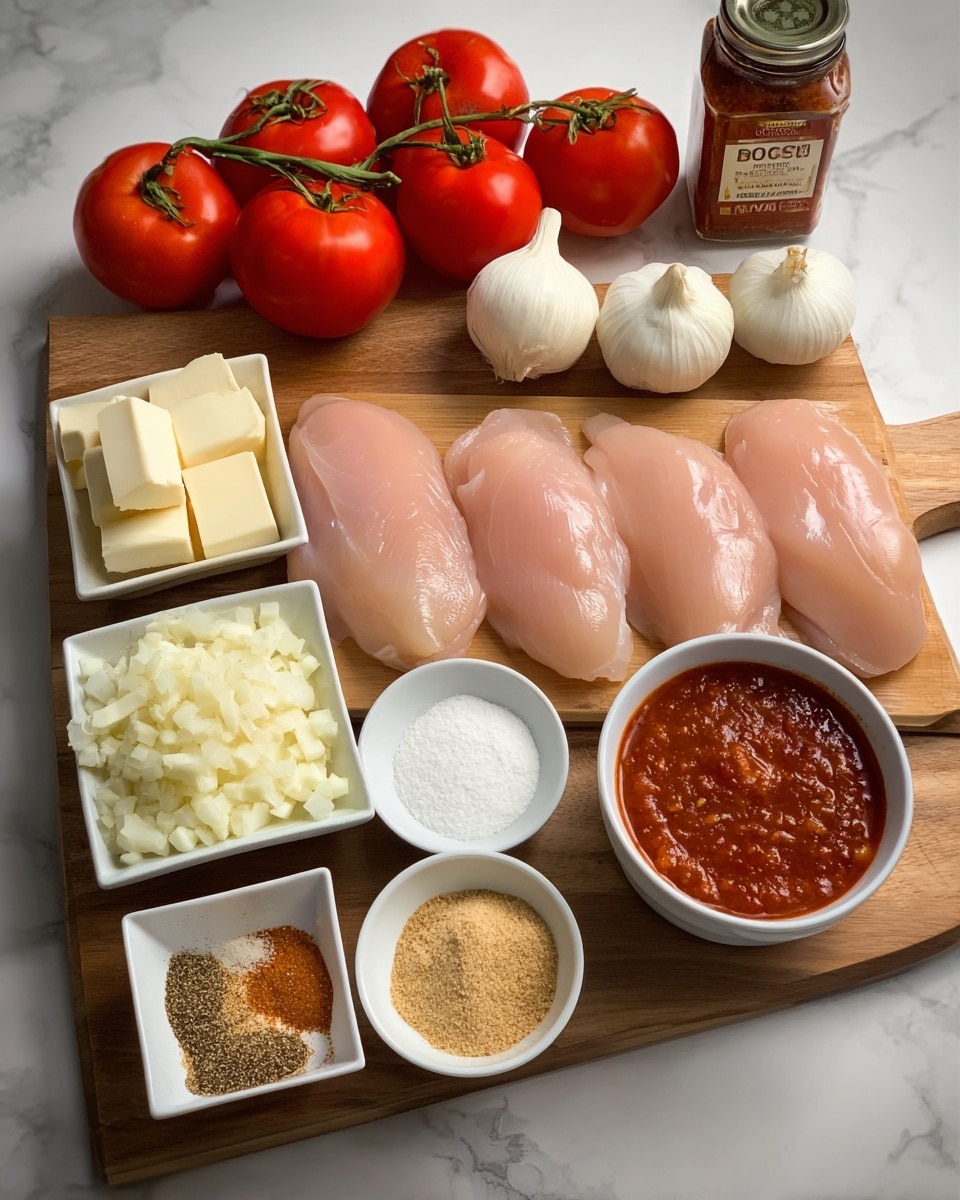 A wooden board holds several small white bowls and raw ingredients neatly arranged on a white marbled surface. In the back left, a bunch of bright red tomatoes on the vine sits next to two whole garlic bulbs and three round brown onions. In front of the tomatoes are four raw pale pink chicken pieces placed flat. To their left, a square white bowl filled with chopped white onions is stacked behind another square white bowl with thick white butter slices. In the front center are two small white round bowls, one filled with white granulated sugar and the other with dark brown, crumbly spice mix. To the right, a larger white ribbed bowl with light beige powder and a white bowl with rich reddish tomato sauce sit near an open glass jar of sauce. The overall look is clean and well-organized, photo taken with an iphone --ar 4:5 --v 7