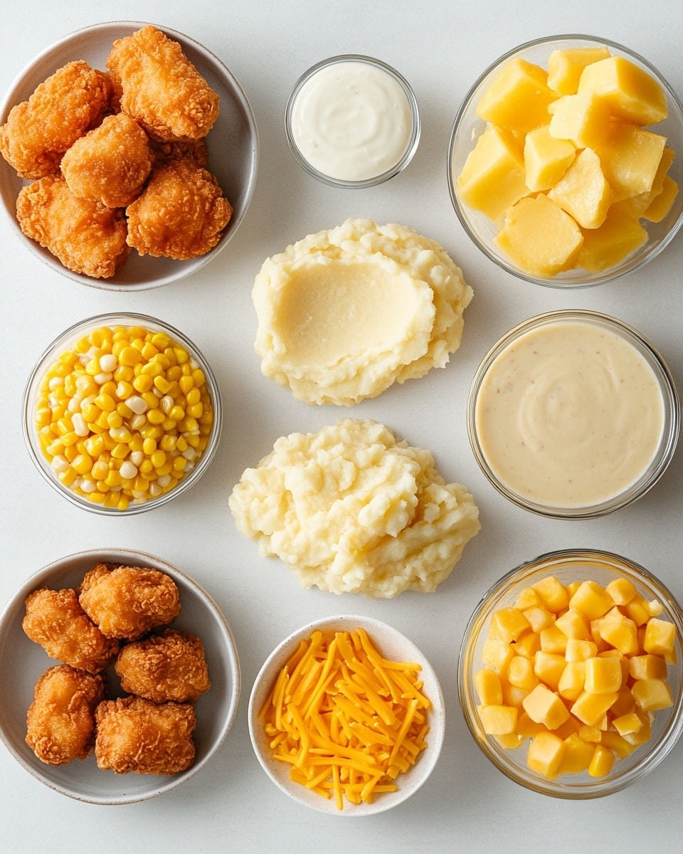 A white round bowl holds three main layers of food arranged side by side: golden brown crispy fried chicken pieces on the left, creamy mashed potatoes topped with light brown gravy and green herbs in the center, and bright yellow corn mixed with shredded cheese and sprinkled with green herbs on the right. The bowl is placed on a white marbled surface, with a small white bowl of more gravy and a small clear bowl of shredded cheese nearby. Part of a silver fork and a black and white checkered cloth are seen at the bottom left corner. photo taken with an iphone --ar 4:5 --v 7