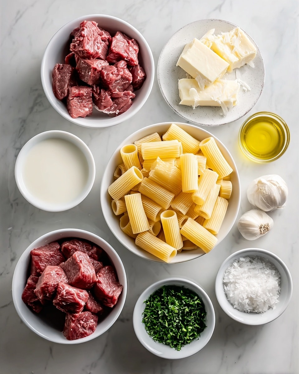 The image shows nine small white bowls and plates arranged on a white marbled surface, each holding different ingredients. In the center, a white plate holds short, ridged, yellow pasta tubes. Surrounding it are: a white plate with two pale yellow butter sticks; a small glass bowl with green chopped herbs; a white container with cream-colored liquid; another small glass bowl with more chopped green herbs; a white bowl with several chunks of dark red raw meat with a marbled texture; a small glass bowl containing garlic cloves; a small white plate filled with grated white cheese; a small glass bowl with coarse salt; and a small glass bowl with golden olive oil. The items are neatly arranged in a circle around the pasta plate, all on the bright white marbled background. photo taken with an iphone --ar 4:5 --v 7