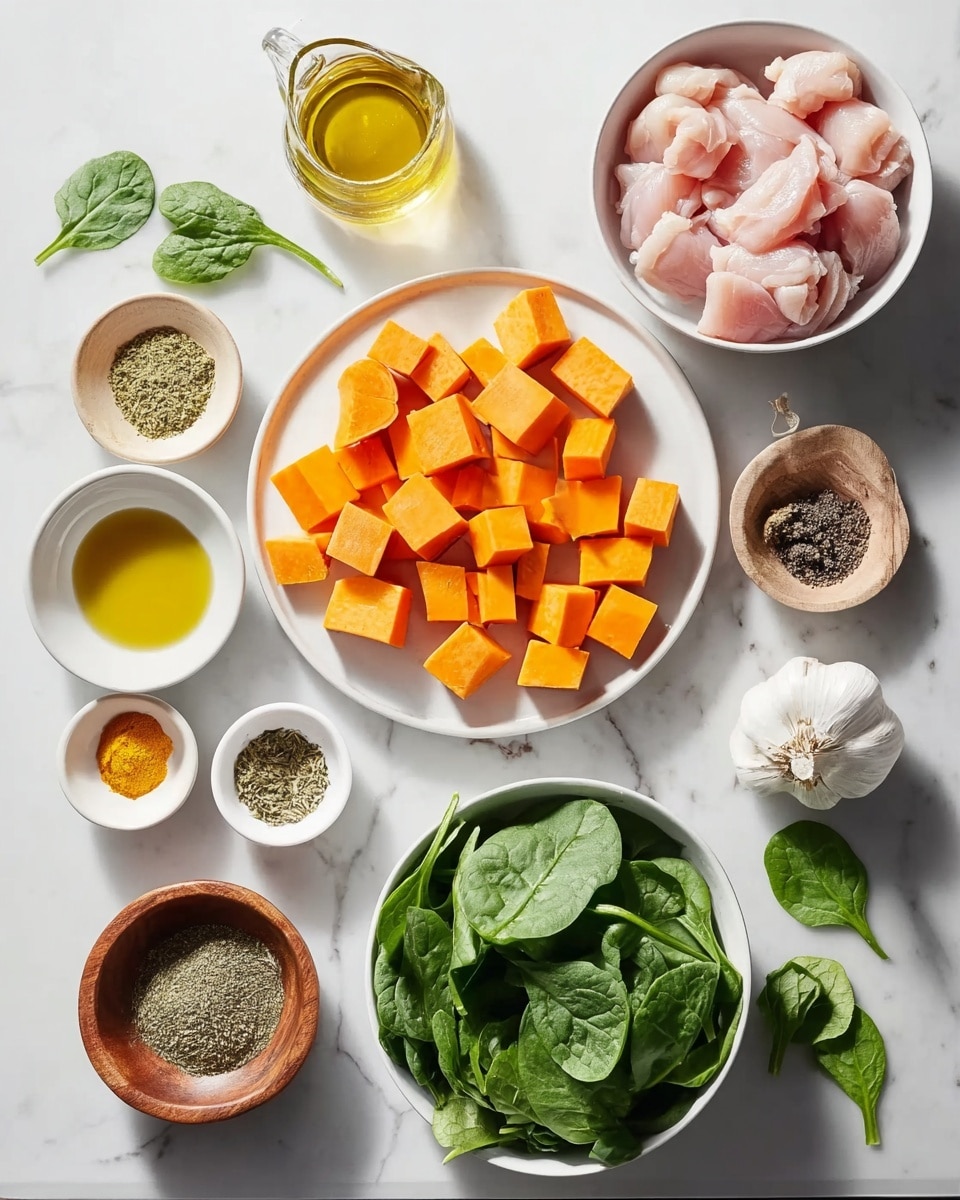 A white bowl holds three main layers of food arranged side by side: on the left, a layer of grilled chicken pieces with a browned, slightly crispy texture is topped with a creamy white herb sauce drizzled over it, garnished with green herbs; in the middle, bright orange roasted sweet potato cubes with a slightly charred surface are sprinkled lightly with green herbs; on the right, chopped dark green kale adds a fresh, leafy contrast to the dish; all layers are visible from above and sit on a white marbled surface. Photo taken with an iphone --ar 4:5 --v 7