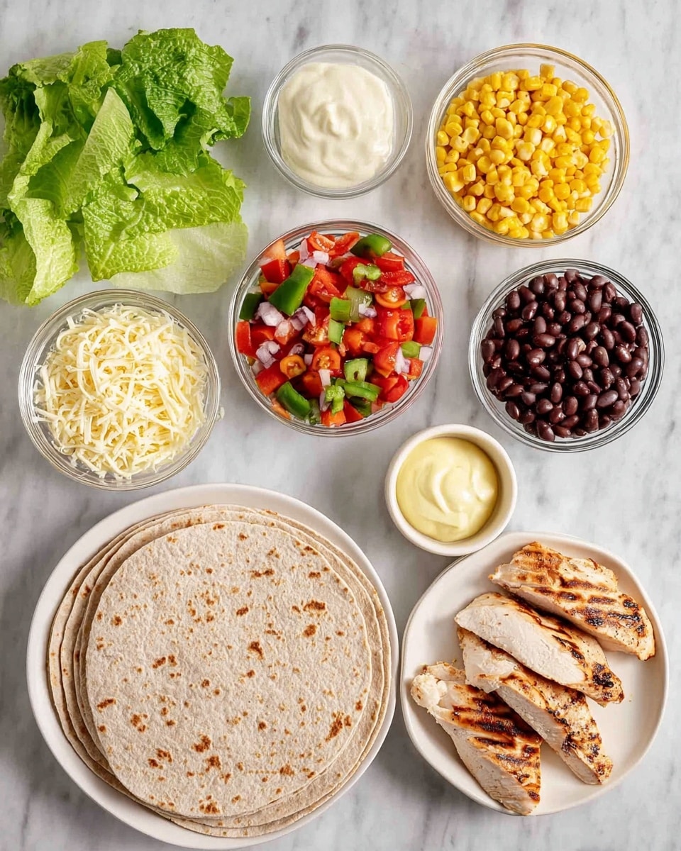The image shows ingredients laid out on a white marbled surface for making wraps. There are four grilled chicken pieces with a golden brown grill pattern on a white scalloped plate in the bottom right corner. To the right of the plate, there is a neat stack of whole wheat tortillas on the surface. Above the chicken, there is a small glass bowl with creamy white mayonnaise. In the center, a white bowl holds shredded cheese, pale yellow in color. To the left of the cheese, a glass bowl contains bright yellow corn kernels, and above that, another glass bowl is filled with black beans. On the far left, there are several fresh green romaine lettuce leaves. Near the bottom left corner, a white bowl holds chopped red tomatoes mixed with white onion and green herbs, resembling salsa. The scene is brightly lit and clean. Photo taken with an iphone --ar 4:5 --v 7