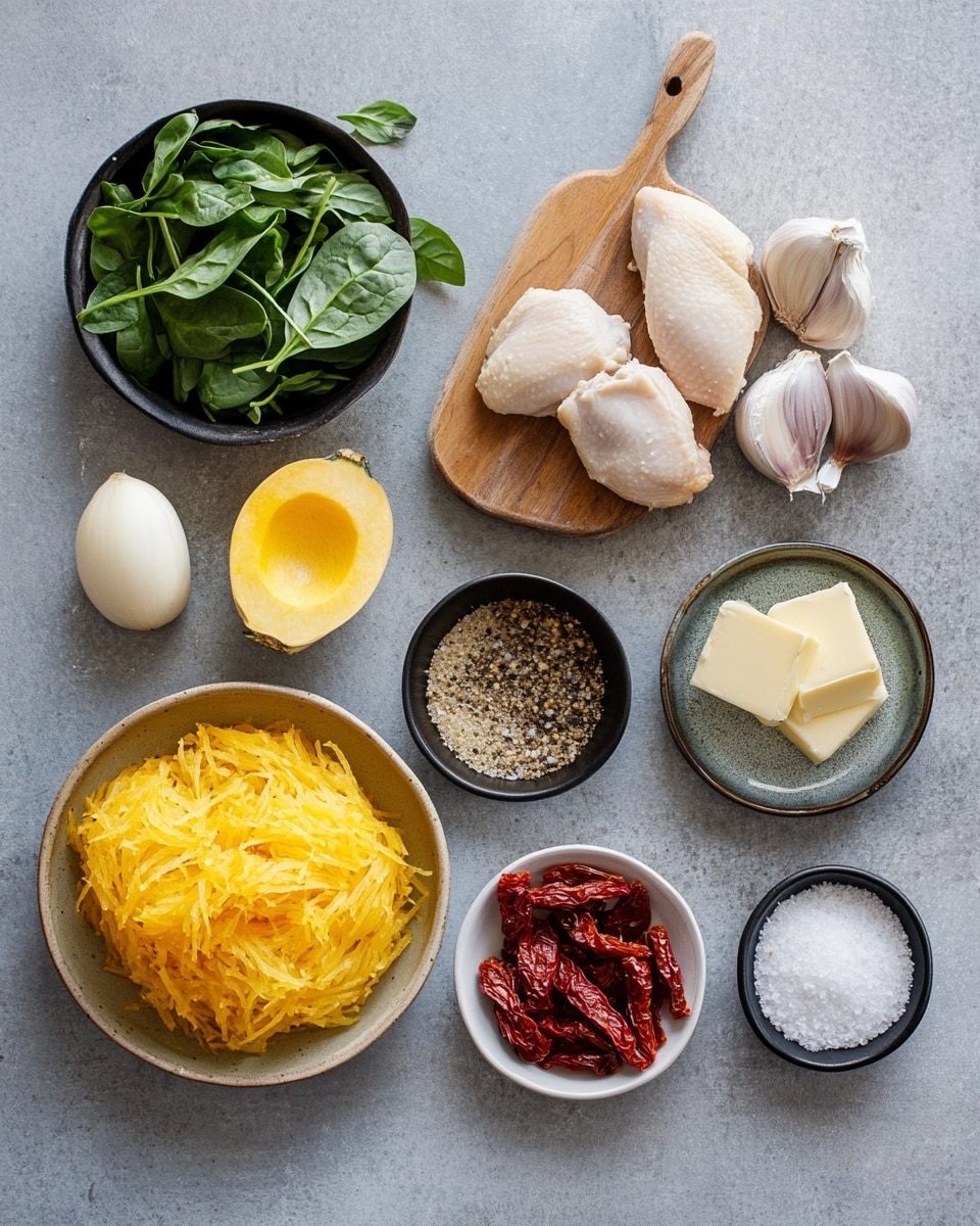 This close-up image shows a creamy pasta dish with three main layers. The base layer is light yellow spaghetti noodles, soft and coated in a creamy white sauce. Scattered evenly throughout are pieces of golden-brown cooked chicken with small char marks, adding texture and color contrast. Mixed in are bright green spinach leaves that look fresh and slightly wilted, along with small pieces of deep red roasted tomatoes, adding vibrant spots of color. A wooden spoon is stirring the dish, showing the creamy sauce clinging to the noodles and chicken. The whole dish is set against a white marbled surface, creating a clean and fresh background. photo taken with an iphone --ar 4:5 --v 7