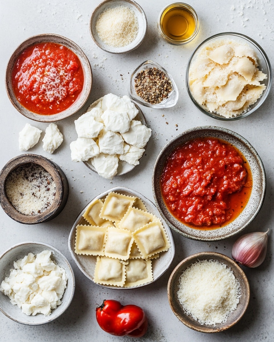 A white rectangular baking dish filled with a layered baked dish. The bottom layer has a red tomato sauce mixed with pieces of food, topped with a thick layer of melted yellow and white cheese that looks bubbly and slightly browned in spots. On top of the cheese is a golden-brown breadcrumb crust that covers the whole surface, sprinkled with finely chopped green herbs. The dish is placed on a white marbled surface with a folded white cloth with green and yellow stripes and a silver large spoon beside it. Photo taken with an iphone --ar 4:5 --v 7