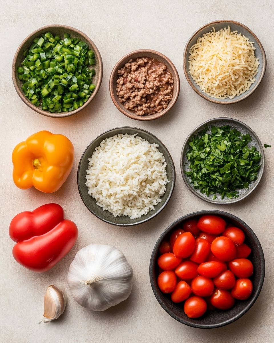 A skillet filled with a mixed dish showing three main layers: the bottom layer is cooked rice with small pieces of browned ground meat, the middle layer has diced tomatoes and green bell peppers mixed throughout, and the top layer is melted yellow cheese covering the surface with patches of chopped green herbs sprinkled on top. A gold spoon scoops out a portion, revealing all layers combined. The skillet is white inside with a red outer rim, sitting on a white marbled surface with a red and white checkered cloth partially visible on the side. Photo taken with an iphone --ar 4:5 --v 7