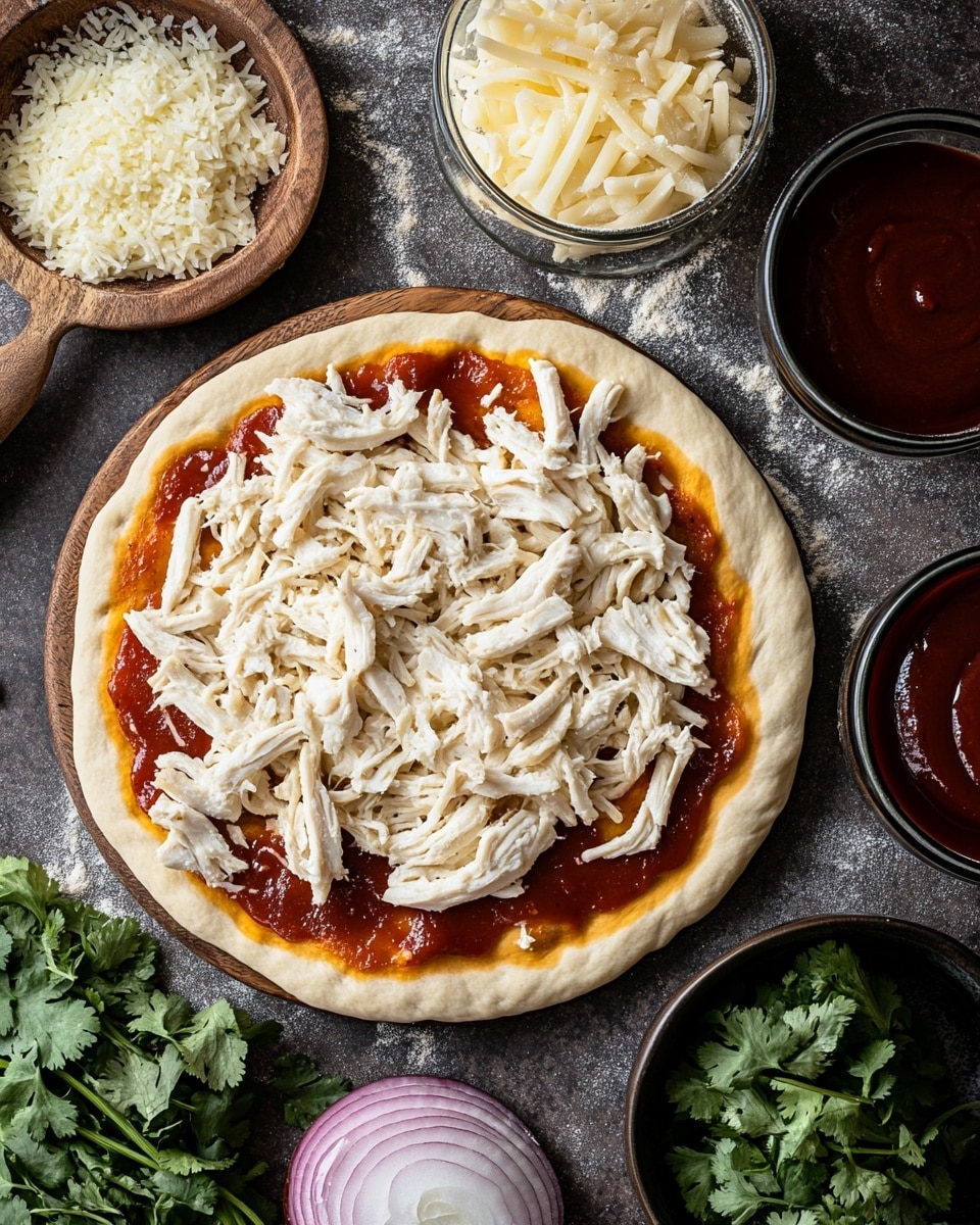 A round pizza with a thick golden crust sits on a round pizza pan with one slice taken out. The pizza has a layer of rich brown sauce, topped with melted light golden cheese, pieces of cooked chicken, thin slices of red onion, and green herb bits scattered on top. The removed slice is placed on a white plate with ridged edges nearby, showing the same toppings clearly. Beside the plate is a small bowl with chopped green herbs. All items are on a white marbled surface. photo taken with an iphone --ar 4:5 --v 7