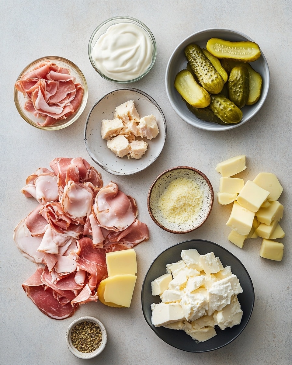 A round baked dish is shown in a black skillet with a handle, resting on a white marbled surface with a light green textured cloth and a wooden spatula beside it. The dish has a crispy, golden-brown crust as the base layer, topped with melted, slightly browned cheese covering the whole surface. Thin pink strips of ham are scattered evenly over the cheese, and large greenish-yellow pickle slices lay on top in a random pattern. The edges of the dish are slightly browned and crisp, showing a rich, hearty texture. Photo taken with an iphone --ar 4:5 --v 7