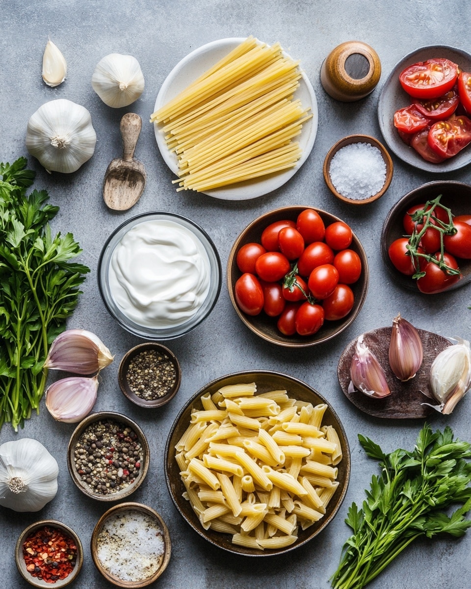 A close-up of a black bowl filled with rigatoni pasta mixed with a creamy tomato sauce that has bits of ground meat and small pieces of vegetables. The rigatoni is golden yellow with ridges, and the sauce is orange-red covering the pasta evenly. Pieces of bright green parsley are spread on top for garnish. In the blurry background, there are bunches of red cherry tomatoes on the vine and green parsley. The surface underneath is a white marbled texture. Photo taken with an iphone --ar 4:5 --v 7