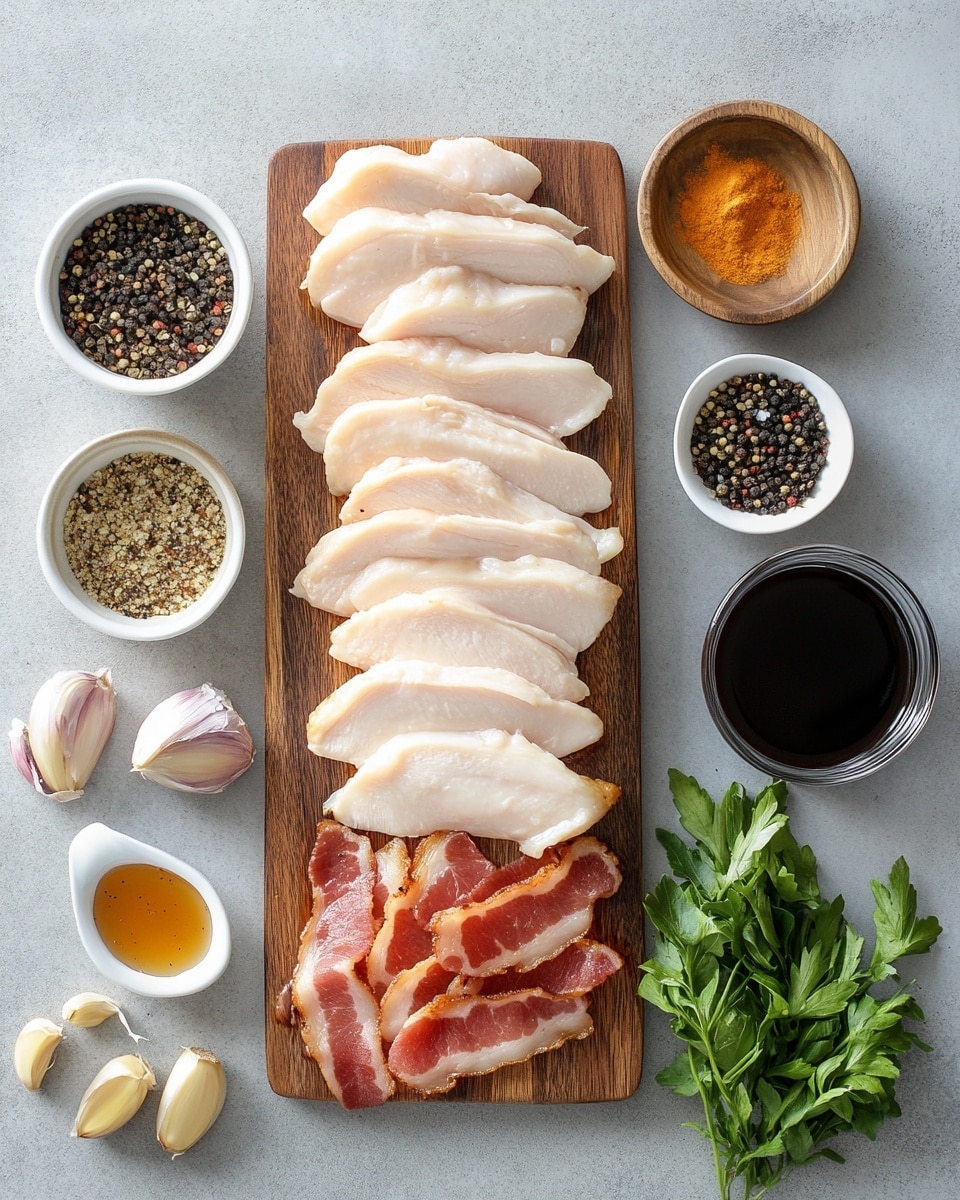 The image shows a white plate filled with seven golden brown fried chicken strips arranged overlapping each other in two rows. Each strip has a crispy textured crust and is topped with small dark red crispy bacon pieces scattered over. The chicken strips are covered in a shiny, thick brown sauce with visible pepper flakes and some small green herb bits sprinkled on top. The sauce pools slightly around the base of the chicken on the plate, adding a glossy layer. The plate is set on a white marbled surface. photo taken with an iphone --ar 4:5 --v 7