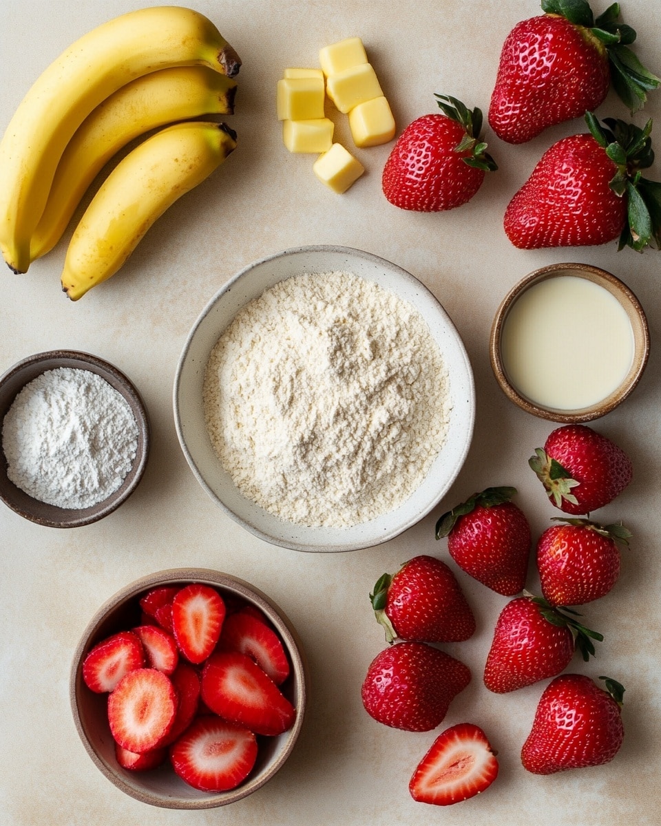 Two slices of light brown banana bread with small red strawberry pieces inside are placed side by side on a white plate. The texture of the bread looks soft and moist with a slightly crumbly crust. The plate sits on a white marbled surface, surrounded by three bright red strawberries with green leaves, two ripe bananas with brown spots, and a wooden cutting board with a larger piece of the same bread partially sliced. A beige cloth is folded and placed nearby. The photo taken with an iphone --ar 4:5 --v 7