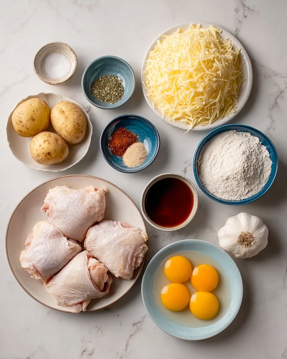 The image shows nine different ingredients arranged neatly on a white marbled surface. At the bottom left, a white plate holds four raw chicken thighs with skin, pale pink with a slight sheen. To the right is a pale dish with three small yellow potatoes. Above the potatoes is a white bowl with two raw egg yolks sitting in clear egg whites. Near the center bottom, a white bowl is filled with shredded light yellow cheese. On the left side, a white bowl contains white flour, and next to it is a small blue bowl with dried green herbs. Above the herbs, a small white dish holds light brown and reddish spices side by side next to some white salt and sugar. To the upper left, a white bowl with blue rim holds thick dark red sauce. Two whole garlic bulbs sit near the top right of the scene. The setting is simple and well-lit, showing the details and colors of each ingredient clearly. photo taken with an iphone --ar 4:5 --v 7