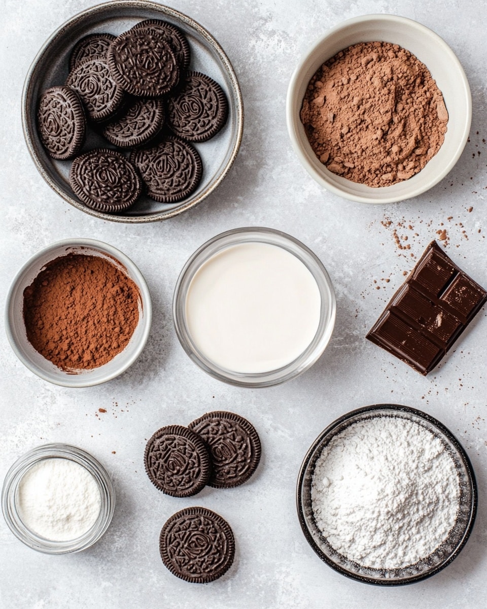 The dessert is served in a clear glass with four visible layers. The bottom layer is a dark brown crumb base with a rough texture. Above that is a thick, smooth milk chocolate layer with a creamy look. The third layer is a thin, even white cream that contrasts with the chocolate below and the crushed dark cookie crumbs scattered on top. The top layer is a mix of fluffy white whipped cream and sprinkled crushed dark chocolate cookie pieces, giving it a rough, chunky finish. A silver spoon is partially dipped into the dessert, resting on the side of the glass. The glass sits on a white marbled surface. Photo taken with an iphone --ar 4:5 --v 7
