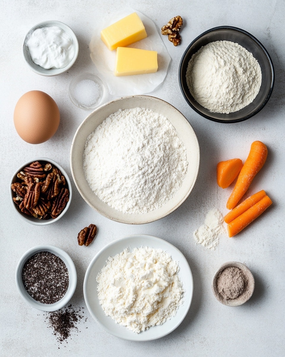 A close-up of a two-layer carrot cake slice on a white plate, each layer with dense, textured orange-brown cake filled with visible bits of shredded carrot and nuts, separated by smooth white cream cheese frosting. The top layer is covered with thick white frosting and sprinkled with chopped pecan nuts. The full cake is blurred in the background on a white plate, all placed on a white marbled surface. photo taken with an iphone --ar 4:5 --v 7