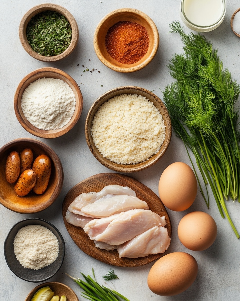 The image shows two golden brown, crispy fried patties placed side by side on a white plate with a white marbled surface underneath. Each patty has a creamy white dollop of sauce layered on top, looking soft and slightly textured. On top of the sauce, there are thinly sliced cucumber rounds, light green with subtle seeds visible inside. The front patty is garnished with a small sprig of fresh green dill, adding a touch of color and freshness to the dish. The overall look is warm and appetizing, highlighting the contrast between the crunchy patties and smooth toppings, photo taken with an iphone --ar 4:5 --v 7