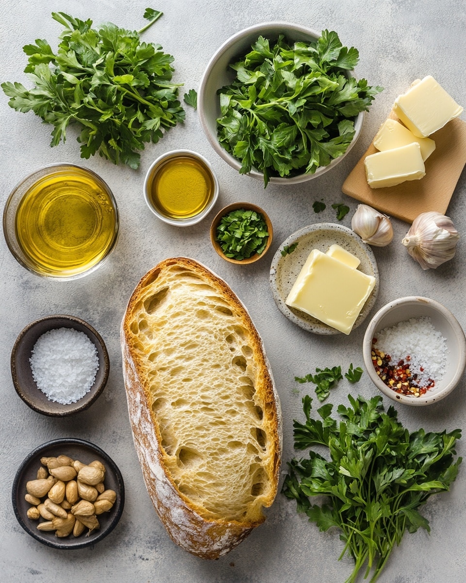 Two long slices of toasted bread lie side by side on a baking tray lined with light brown parchment paper. Each slice is topped with a golden layer of melted cheese mixed with green herbs, creating a textured, slightly crispy surface. In the top left corner, part of a white plate with spaghetti and red tomato sauce and meatballs is visible. Near the top right, two small white bowls hold crushed red pepper flakes and chopped fresh green parsley. The tray sits on a white marbled surface, with a beige cloth napkin folded loosely near the bottom right corner. Photo taken with an iphone --ar 4:5 --v 7