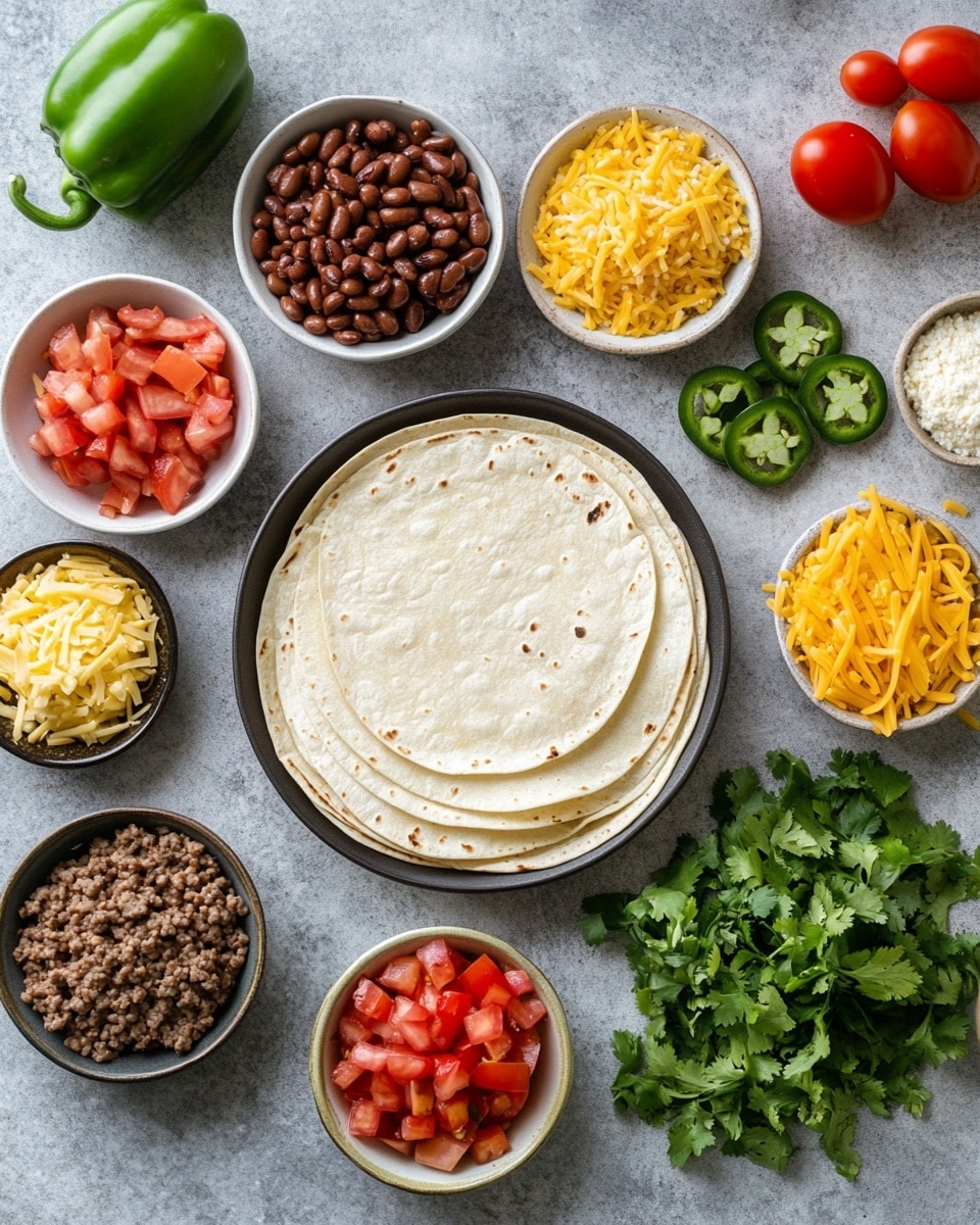 A white round plate holds eight golden-brown quesadillas stacked and slightly overlapping each other. Each quesadilla has a crispy outer tortilla layer with visible browning and a thick, chunky meat filling peeking out from the folded middle. Around the quesadillas are lime wedges in a light green color, placed on the side of the plate. On the white marbled surface near the plate, a small white bowl holds finely chopped red, orange, and green salsa with a chunky texture, and a small brown bowl contains light green creamy guacamole with a smooth texture. A bright green jalapeño pepper and a lime wedge lie on the white marbled surface near the plate, and folded blue and yellow napkins are placed to the left of the plate with a spoon next to them. photo taken with an iphone --ar 4:5 --v 7