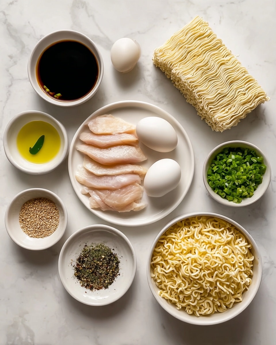 A white plate holds six pieces of pale raw fish fillet laid side by side with a smooth white egg placed next to them, surrounded by small white bowls; one bowl has light yellow oil with a slice of green chili floating, another bowl has dark brown soy sauce, a third bowl contains green chopped scallions, and a small bowl of brown mustard seeds; there is a cooked bowl of light yellow noodles with some green scallions on the side, and next to it is a block of uncooked instant ramen with a wavy yellow texture. All items are placed on a white marbled surface photo taken with an iphone --ar 4:5 --v 7