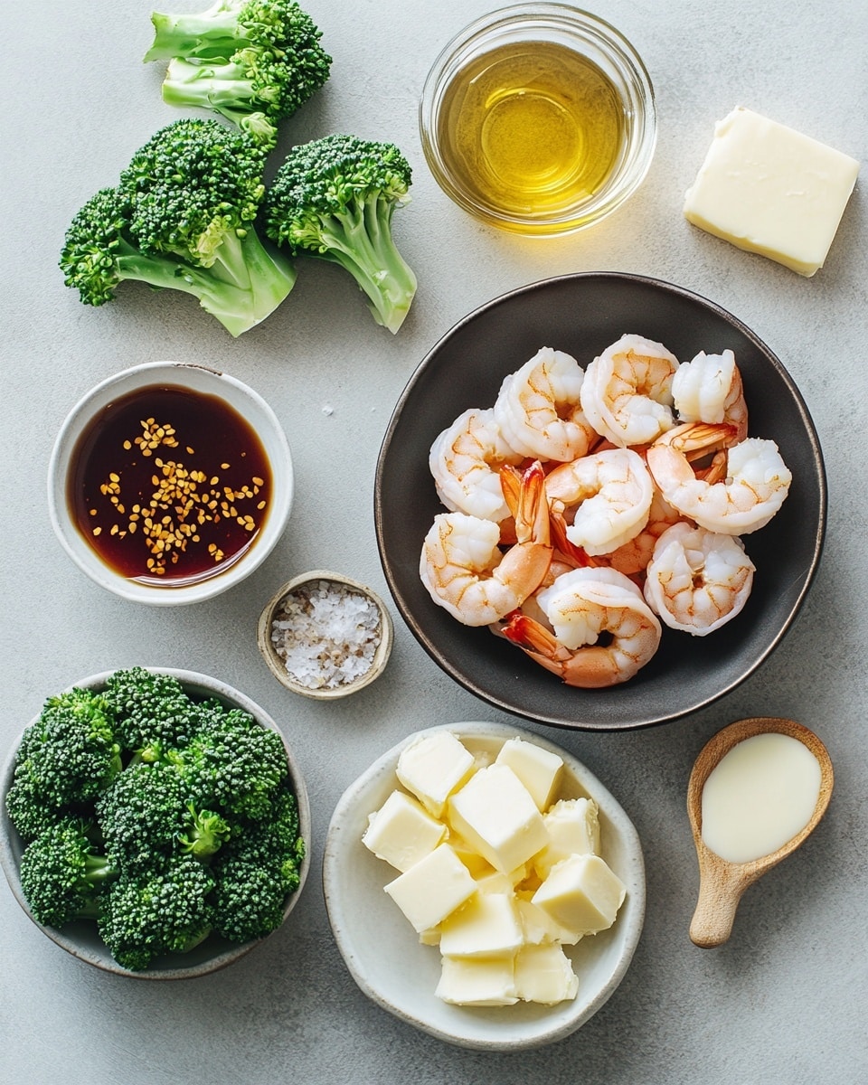 A white plate holds a bed of white rice at the bottom layer, topped with bright green broccoli florets that have light charring and a slightly rough texture, scattered evenly. On top of the broccoli and rice are several pieces of cooked shrimp coated in a glossy, reddish-orange sauce with visible seasoning flakes and a shiny texture. The shrimp are curled and garnished with small, freshly cut green onion pieces that add a fresh bright green color. A silver fork is placed on the right side of the plate, resting near the shrimp, all set on a white marbled surface. Photo taken with an iphone --ar 4:5 --v 7