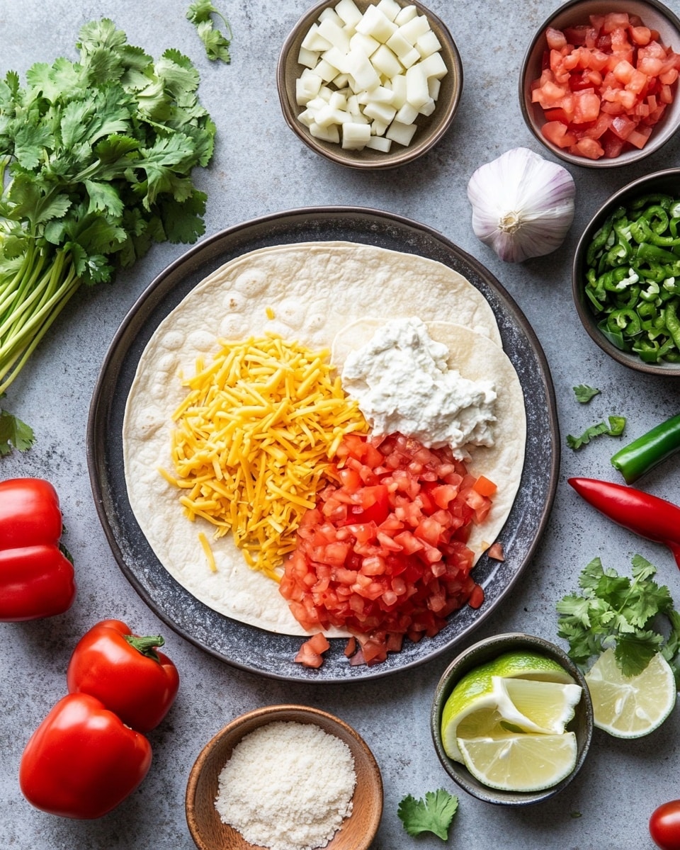 A white rectangular dish filled with a layer of folded tortillas covered in melted creamy white cheese, topped with diced red tomatoes, small pieces of purple onion, and chopped green herbs scattered all over. On top in the center are three slices of green jalapeño peppers. The edges of the tortillas are slightly browned. The dish is placed on a white marbled surface with some lime slices and green herbs in the background. Photo taken with an iphone --ar 4:5 --v 7