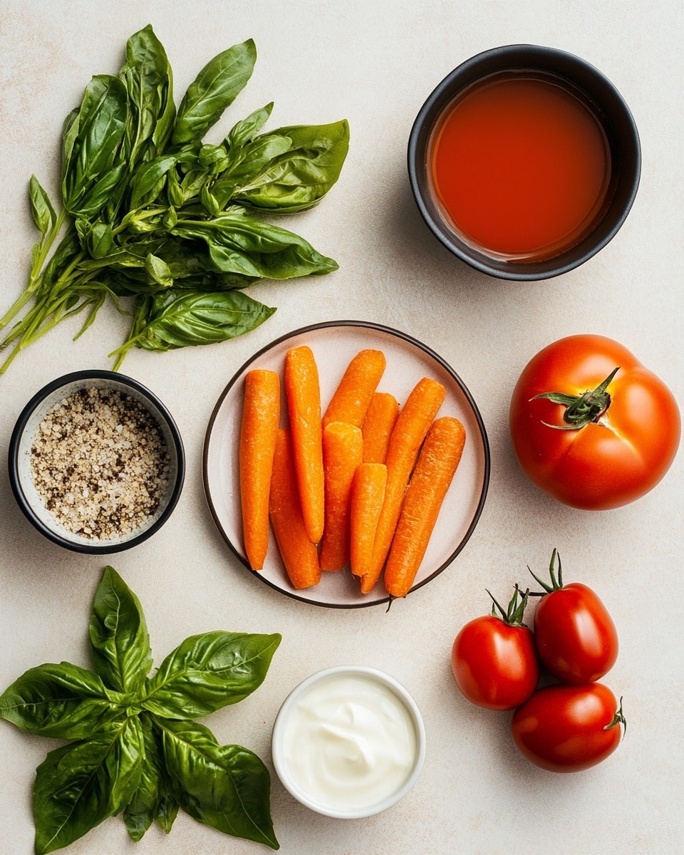 The image shows a white bowl filled with smooth, orange tomato soup topped with dark pepper flakes and fresh bright green basil leaves, sitting on a white plate with a blue and white striped napkin underneath. A wooden handle spoon is placed beside the bowl on the napkin. Next to the bowl on the right side are two golden-brown toasted sandwich triangles resting on the plate with scattered green basil leaves around. In the top left corner, there is a large white pot filled with the same orange soup, garnished with basil and pepper, with a ladle inside. The whole setting is on a white marbled surface. photo taken with an iphone --ar 4:5 --v 7