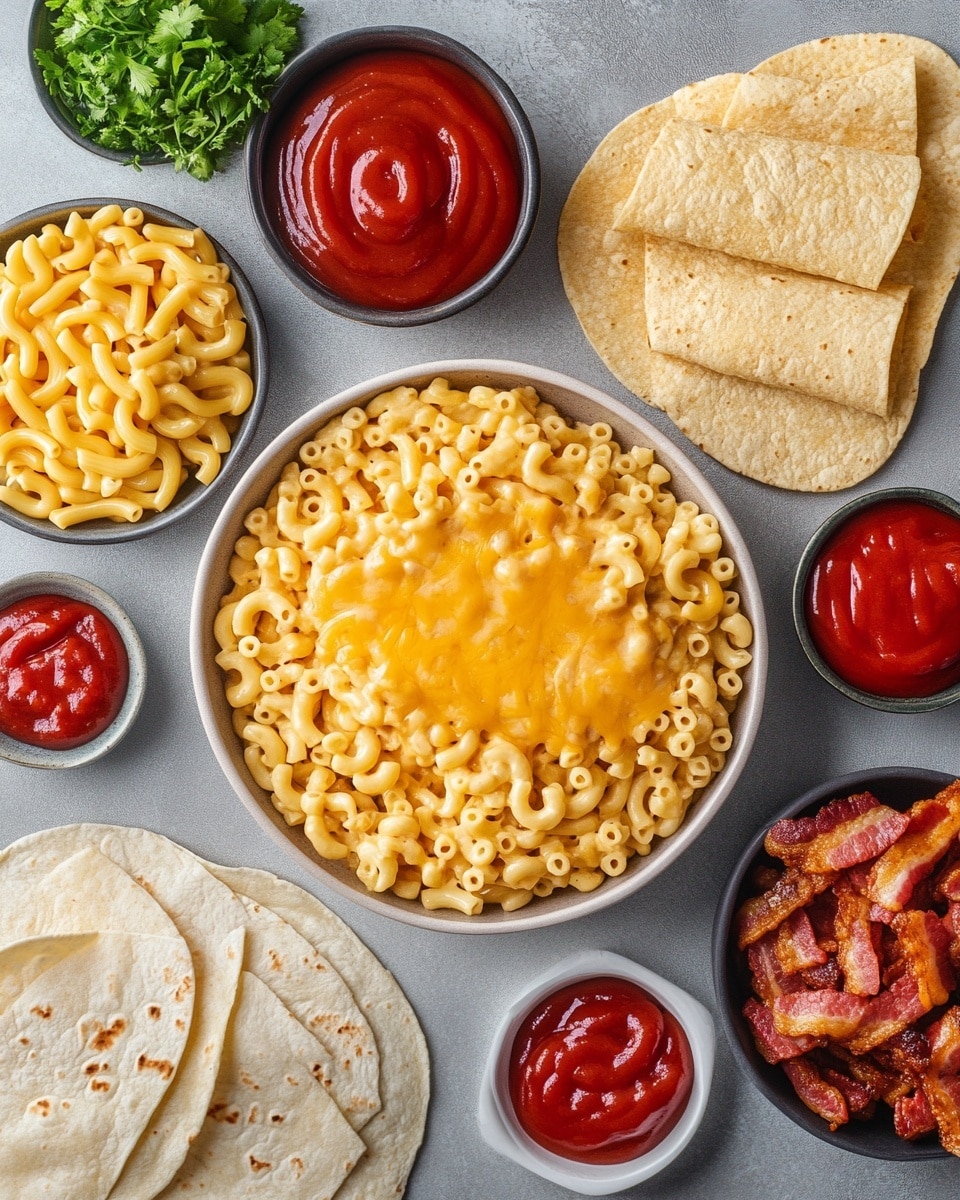 A white plate holds a folded quesadilla with a browned, slightly crispy surface showing dark spots, folded in half to reveal creamy yellow macaroni and cheese spilling out in a thick layer; fresh green leafy lettuce sits beside it on the plate, making a vibrant contrast. The plate is placed on a black and white striped cloth, all set on a white marbled surface. photo taken with an iphone --ar 4:5 --v 7