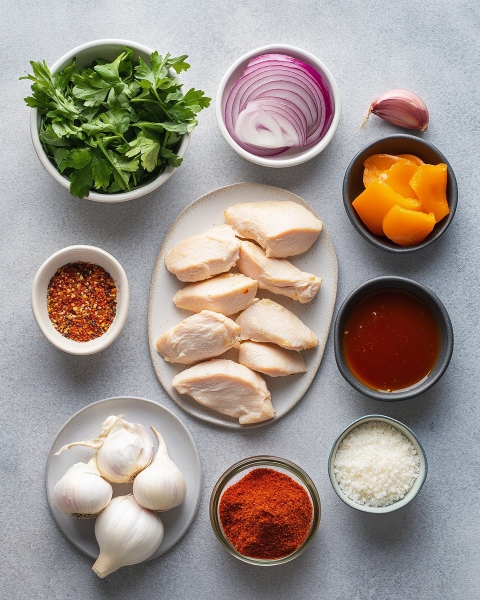The image shows slices of square pizza with thick crust at the bottom, topped with a layer of melted cheese that looks slightly browned. Above the cheese, there are chunks of cooked chicken pieces with a golden-brown color, thin slices of red bell pepper, and thin strips of red onion. Fresh chopped green herbs are sprinkled over the top. The pizzas are on a white tray lined with parchment paper, placed over a white marbled surface. photo taken with an iphone --ar 4:5 --v 7