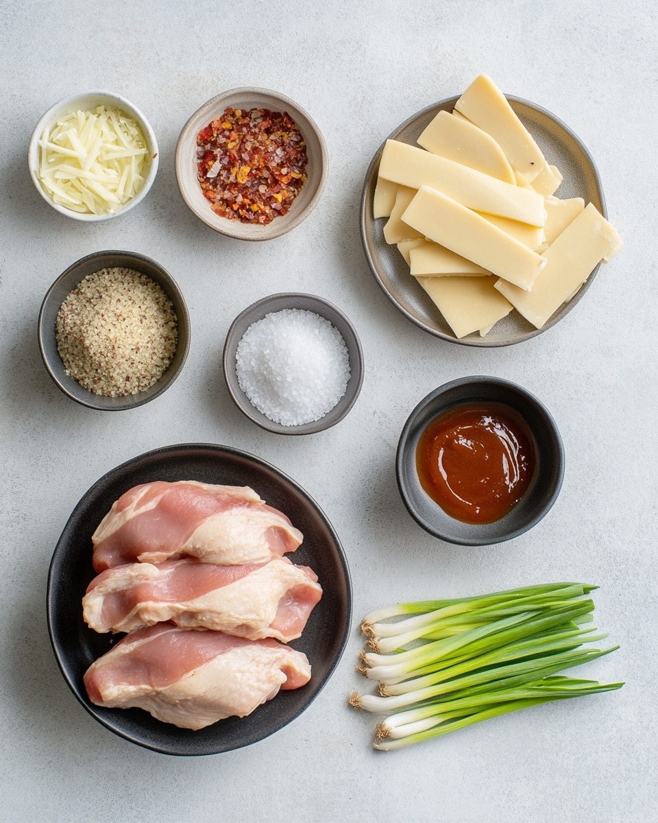 Two pieces of cooked chicken with a golden melted cheese layer on top, showing slight grill marks. On top of the cheese, there are small red diced tomato pieces and green chopped herbs scattered over both chicken pieces. The chicken sits in a light brown sauce that pools on the white plate under the chicken. The background is a white marbled surface with blurred green leaves and another bowl with diced tomatoes in the distance. Photo taken with an iphone --ar 4:5 --v 7