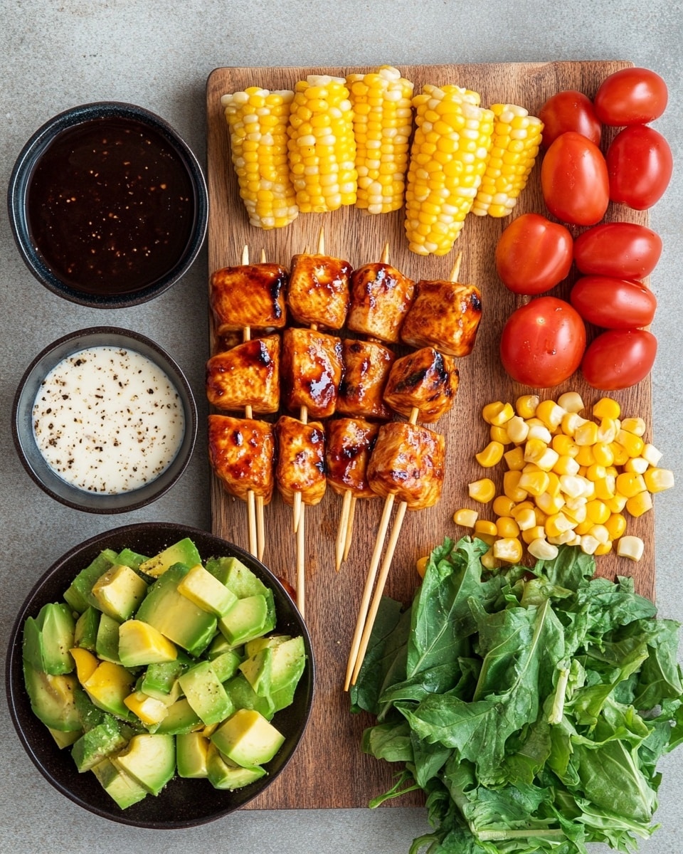 Two skewers of grilled, glazed chicken with dark grill marks rest on a bed of green lettuce. Around the chicken are bright yellow corn pieces, red cherry tomato halves, black beans, and green sliced avocado arranged on the left side of the plate. The salad is lightly dressed with a creamy dressing. The food is served on a white round plate placed on a white marbled surface. In the blurred background, there is another similar plate with salad. Photo taken with an iphone --ar 4:5 --v 7