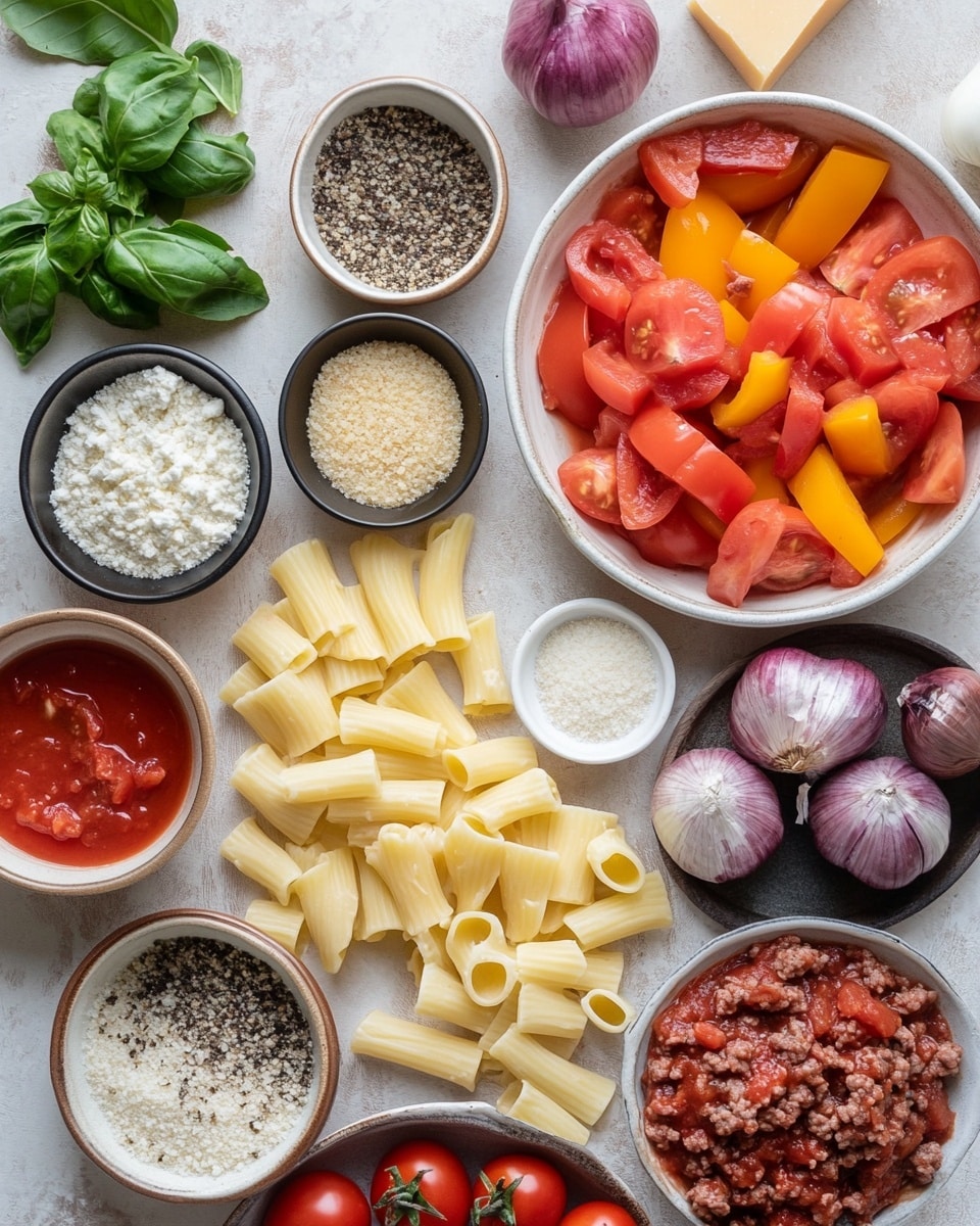 A close-up of a serving of macaroni pasta mixed with a thick, chunky sauce that has three clear layers: the bottom layer shows curved macaroni with a soft yellow color, the middle layer has browned ground meat combined with small pieces of red and green bell peppers, and the top layer is the glossy orange-brown sauce coating all ingredients thoroughly. The dish is placed on a white square plate with a smooth texture, sitting on a white marbled surface. In the blurred background, a pan with more of the same pasta mixture is visible. Photo taken with an iphone --ar 4:5 --v 7