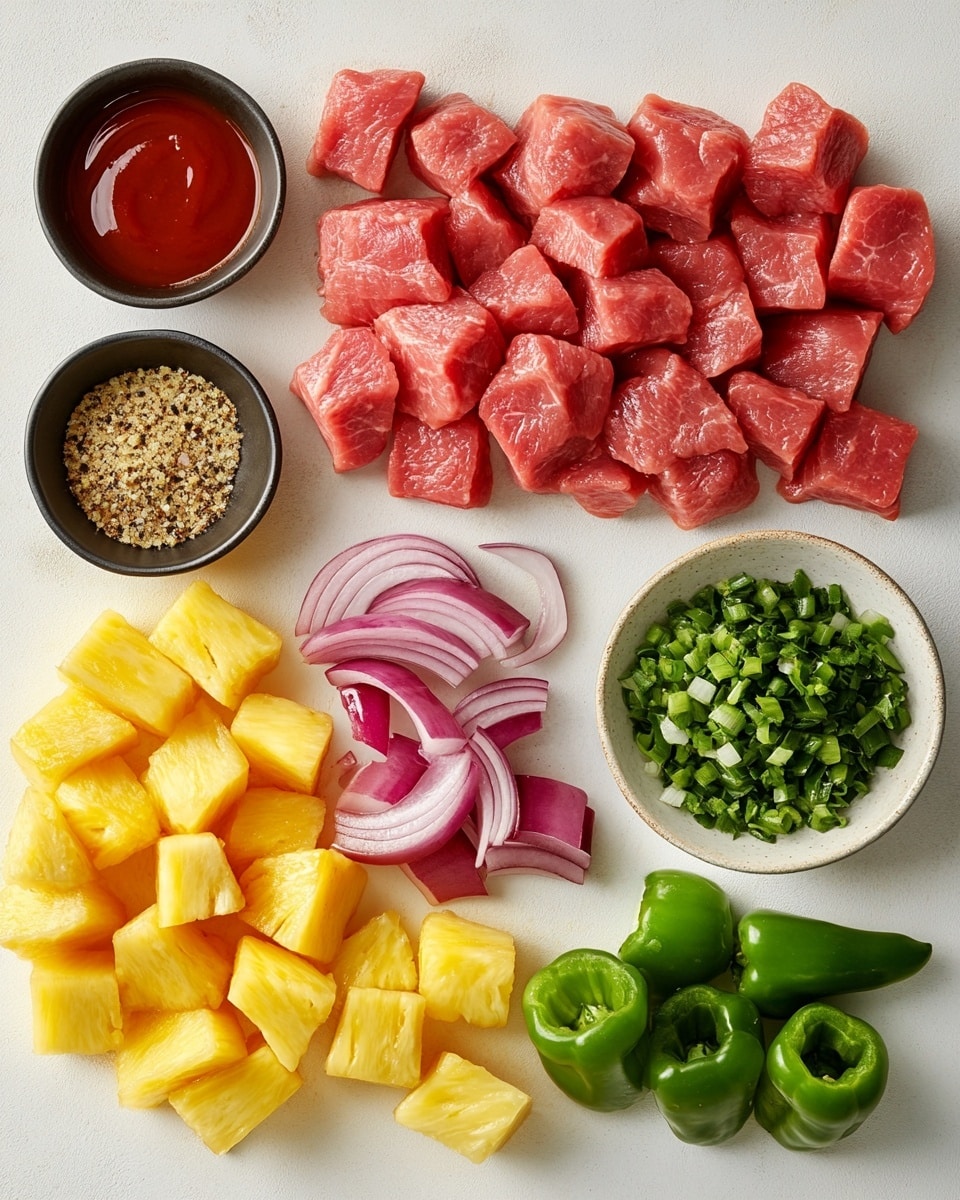 Two skewers of grilled meat and pineapple chunks are placed on a wooden board. Each skewer has several thick, shiny pieces of dark brown grilled meat with a slightly charred, caramelized surface and coarse texture. Between the meat pieces, there are bright yellow pineapple cubes with a juicy, glossy look. The meat is sprinkled with small green herbs and light seasoning, giving a fresh touch. The whole scene is close up, showing the detail of the grill marks and juicy glaze, with the wooden board underneath. Photo taken with an iphone --ar 4:5 --v 7