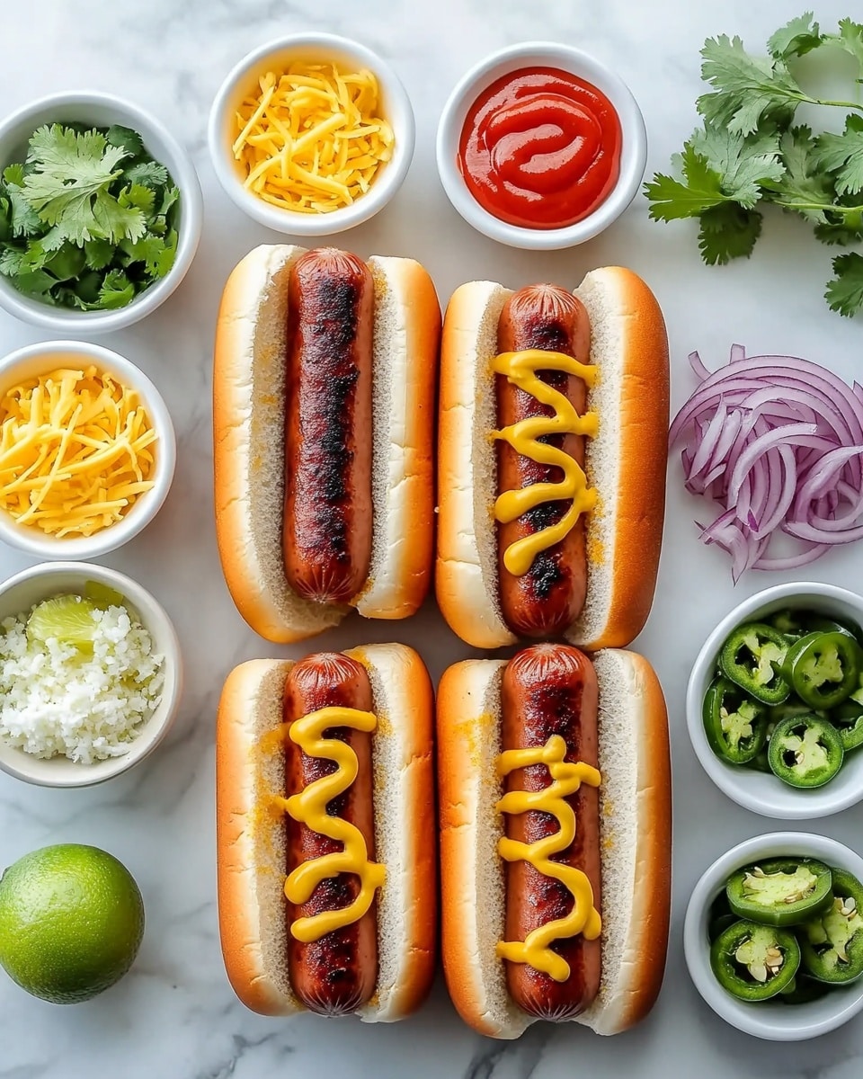 Two hot dogs are shown close up on a white marbled surface. Each hot dog has a golden brown, toasted bun with a shiny grilled sausage inside. On top of the sausage is a layer of finely chopped white and purple onions mixed with chopped green herbs. Over the onions, there are thin squiggly lines of red ketchup and yellow mustard. The hot dogs look juicy and fresh, with the colors of the toppings standing out against the warm tones of the bun and sausage. The image is sharp and detailed, focused on the front hot dog, with the second slightly blurred in the background. photo taken with an iphone --ar 4:5 --v 7