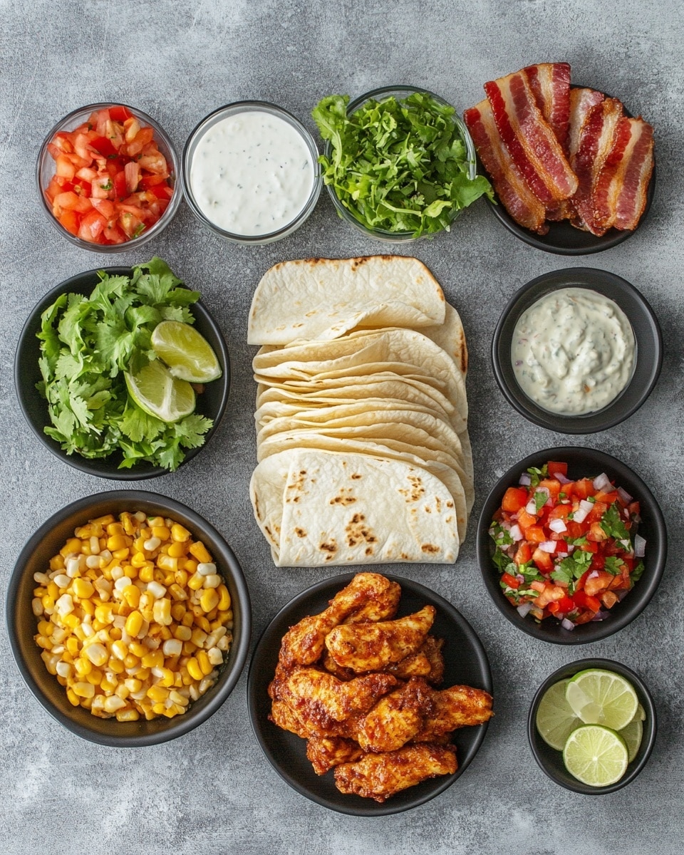 Two soft, warm tortillas are filled with three layers each. The bottom layer is bright yellow corn mixed with small bits of white onion and green herbs. Above this sits crispy, golden-brown pieces of seasoned chicken with a textured, crunchy surface. On top of the chicken, a thick white sauce with green herb flecks is drizzled, adding creaminess. Small fresh green cilantro leaves are scattered on and around the tacos. The tacos rest on a white marbled surface with a blurred white sauce bowl and a piece of grilled corn in the background. Photo taken with an iphone --ar 4:5 --v 7