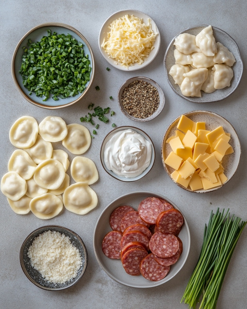 This dish is served in a white bowl, showing one main layer of ravioli pasta with a light yellow, slightly shiny texture, each piece half-circle shaped with ridged edges. Mixed throughout are round slices of reddish-brown sausages with a firm surface, scattered evenly. Underneath, there is a layer of orange-brown cooked onions and sauce, giving a soft, slightly glistening look. Small green herb pieces are sprinkled on top, adding contrast, and black pepper is lightly spread across the dish. The bowl sits on a white marbled surface. Photo taken with an iphone --ar 4:5 --v 7