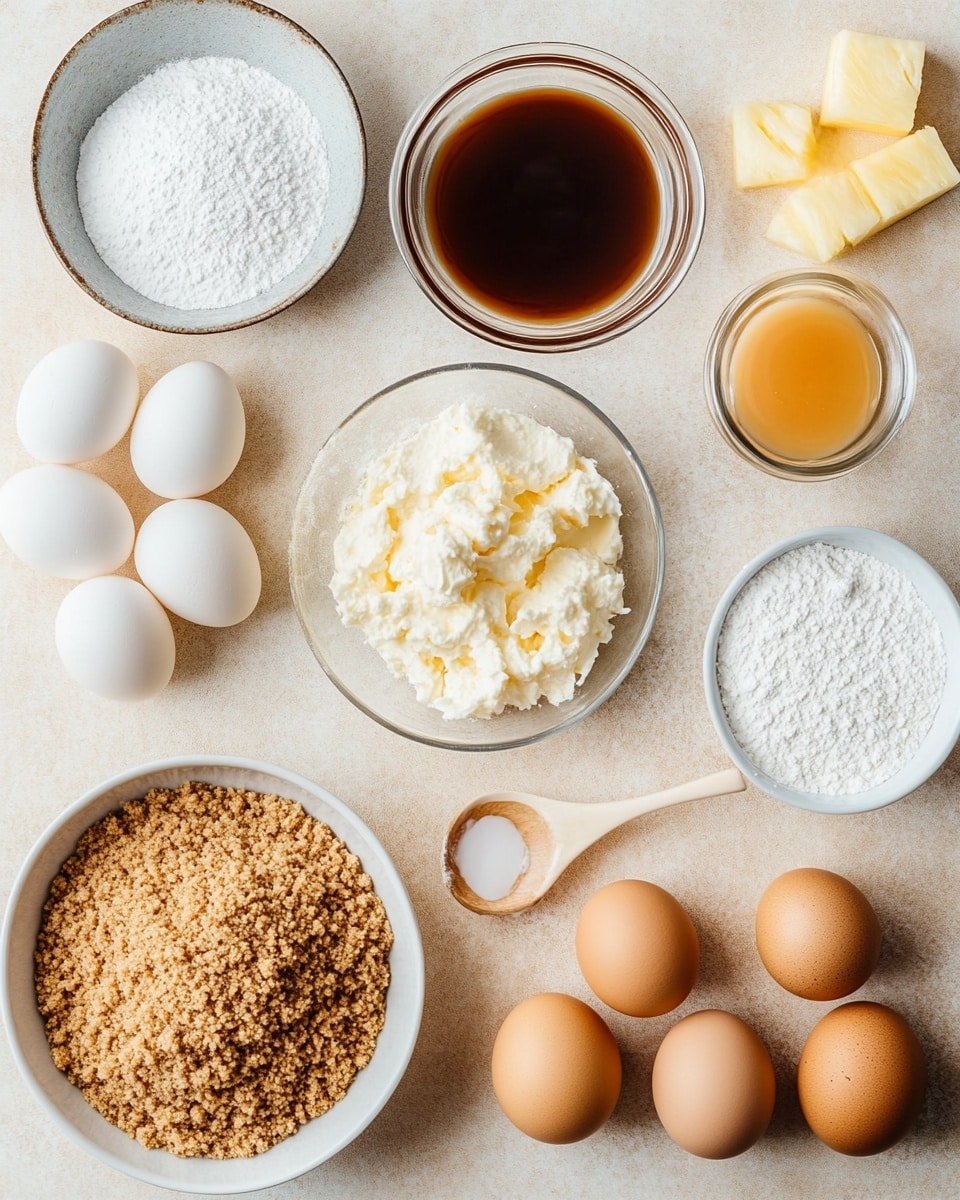 A small round dessert with three visible layers stands on a white marbled surface: the bottom layer is thick and crumbly with a light brown color, the middle layer is creamy and pale yellow with a smooth texture, and the top layer is glossy and caramel-colored. On the top, there are six slices of yellow pineapple arranged like petals around a glossy dark amber sauce in the center. The background shows more of these desserts blurred out, highlighting the front one sharply. photo taken with an iphone --ar 4:5 --v 7