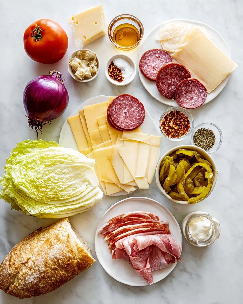 The sandwich has five main layers visible from bottom to top: bright green leafy lettuce with a rough texture, thick reddish slices of tomato, thin slices of salami with white fat patterns and dark edges, folded slices of pink ham with darker edges, and smooth pale yellow cheese slices. It is all held together by a golden-brown crusty sandwich roll with a slightly cracked surface. The sandwich sits on a white marbled texture. photo taken with an iphone --ar 4:5 --v 7