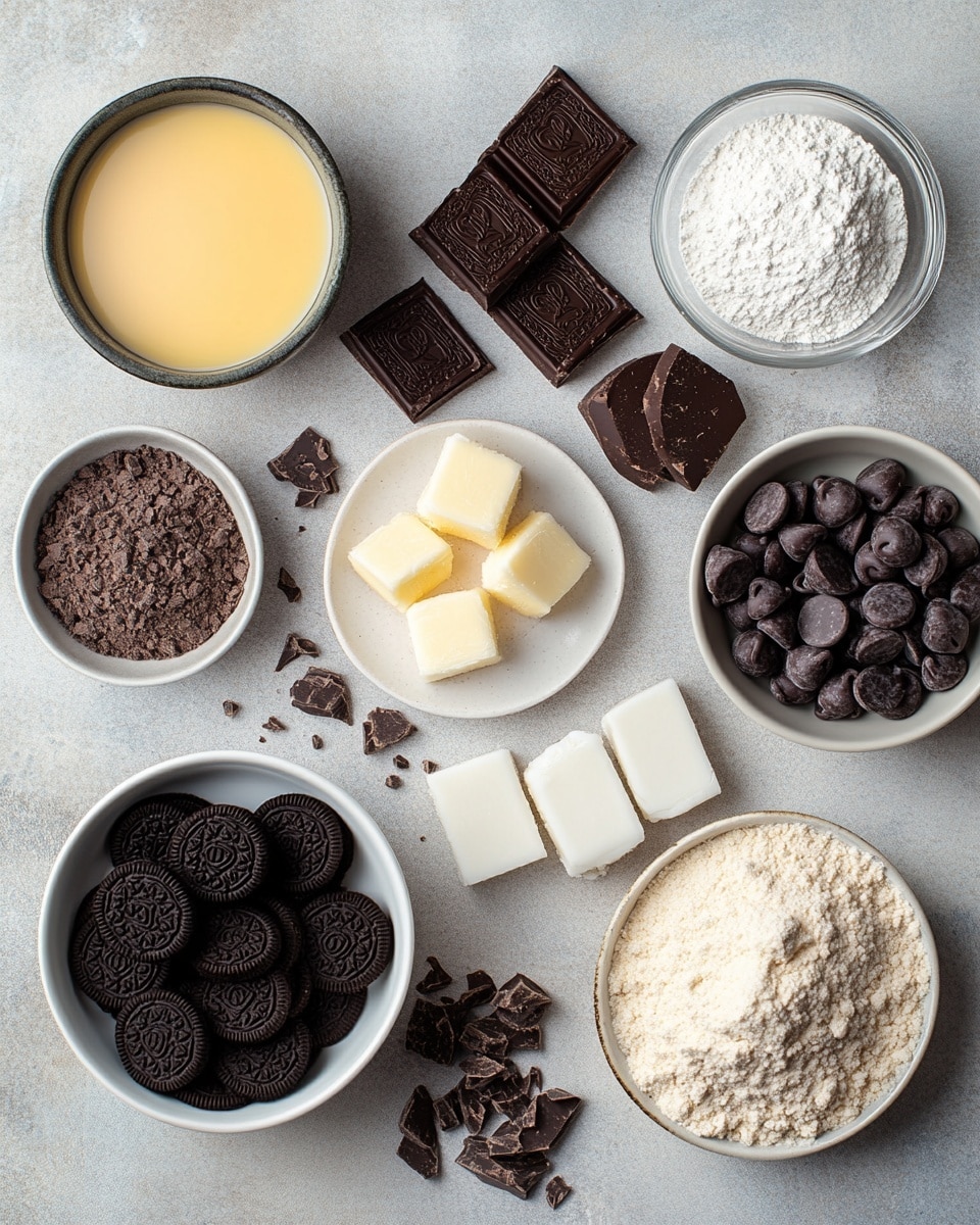 A single square brownie sits in the center of a white plate with a subtle circular pattern. The top layer of the brownie is dark brown with a cracked, slightly shiny texture showing melted chocolate chips and embedded chunks of black and white cookie pieces. Around the brownie on the plate are broken cookie pieces with visible white cream centers, and small dark chocolate chips scattered evenly. In the background, a larger rectangular tray of brownies with similar cookie chunks is slightly blurred. The whole scene is set on a white marbled surface. photo taken with an iphone --ar 4:5 --v 7