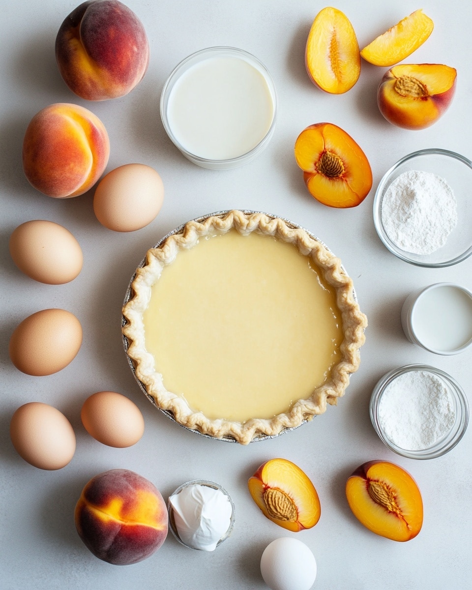 A round white ceramic pie dish filled with a golden brown crust that curls over the edge in a wavy pattern, holding a pie with two main visible layers: the bottom layer is a smooth, creamy yellow custard, and the top layer consists of neatly arranged thin peach slices with a mix of orange and red skin, fanning out in overlapping rings covering the surface; the pie is on a white marbled surface with a silver pie server and a red and white checked cloth nearby, along with two small white plates with metal forks and a green-tinted glass in the background, photo taken with an iphone --ar 4:5 --v 7