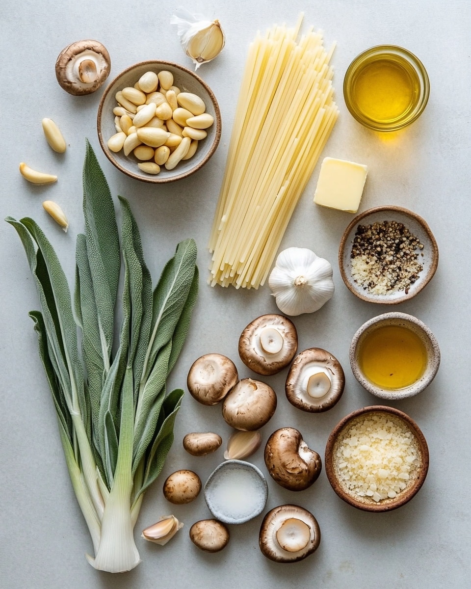 A close-up shot of a plate of creamy pasta with sautéed mushrooms. The pasta is light beige with a smooth, slightly glossy sauce coating each strand, while dark brown and slightly crispy mushrooms are mixed in, adding texture and depth. Small toasted pine nuts are scattered across the top, along with fine shavings of light-colored cheese. The white plate sits on a dark surface, and two vintage silver forks rest on the right edge of the plate. photo taken with an iphone --ar 4:5 --v 7
